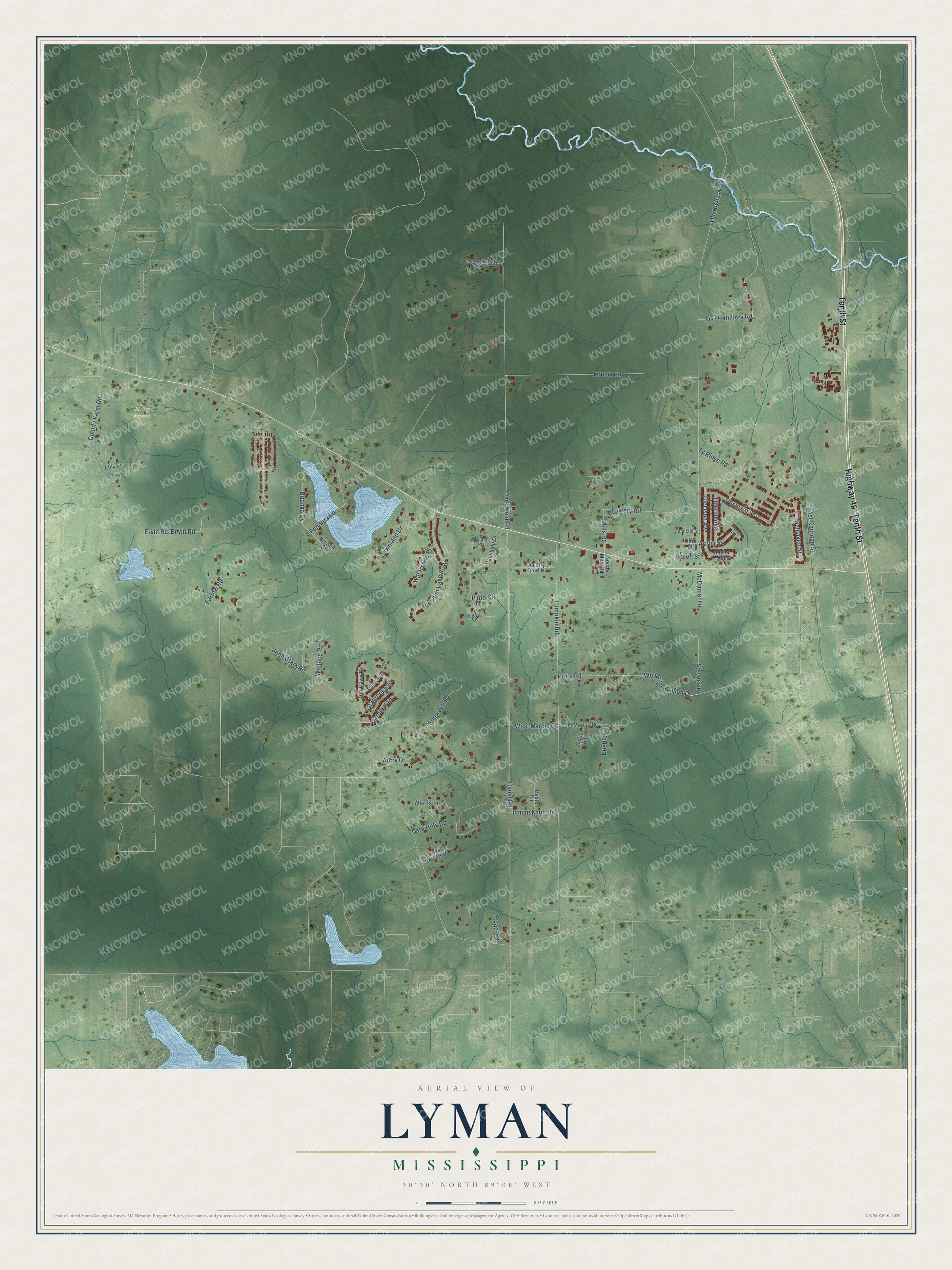 Full map of Lyman, Mississippi, with red buildings, printed street names and the land around them