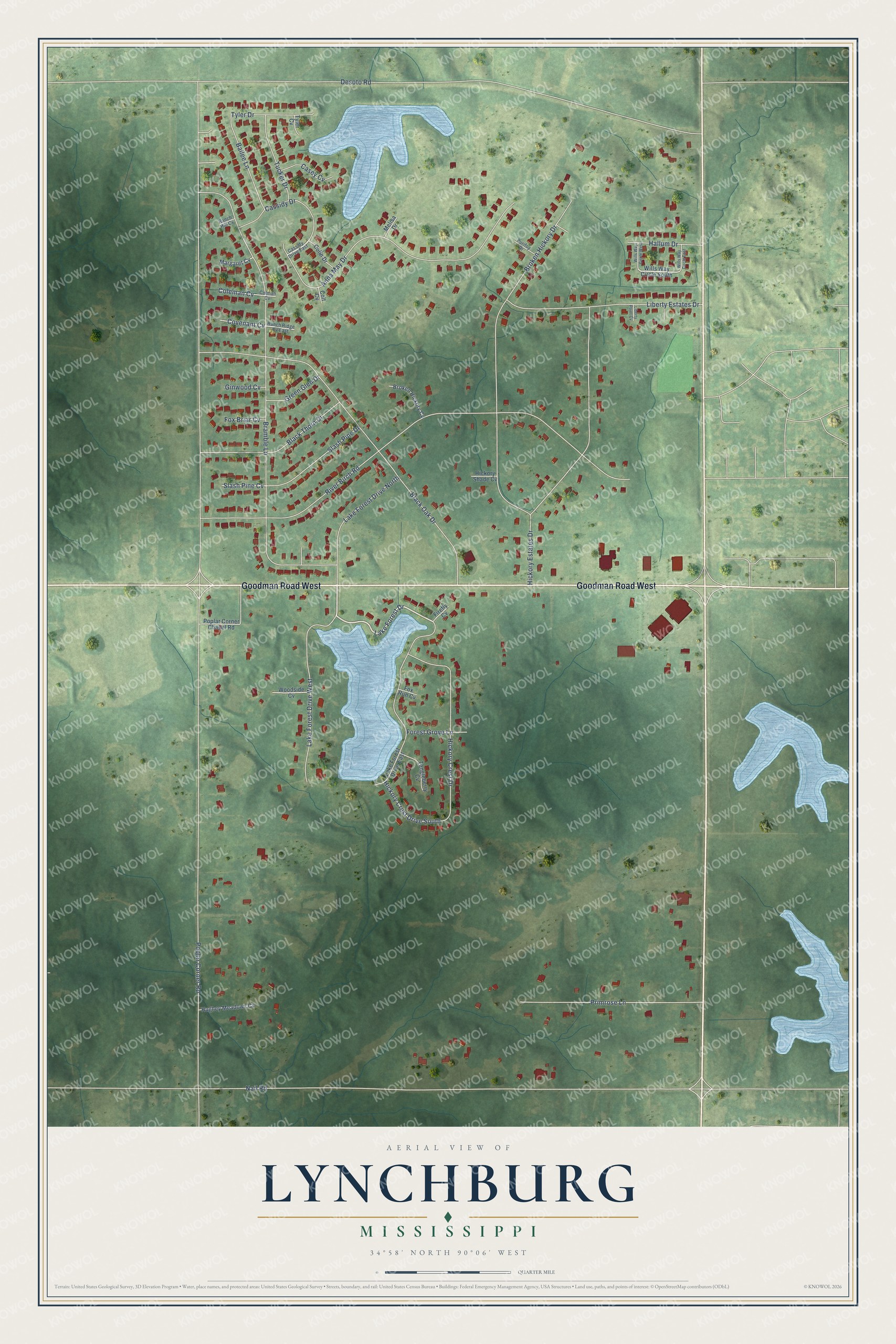 Full map of Lynchburg, Mississippi, with red buildings, printed street names and the land around them