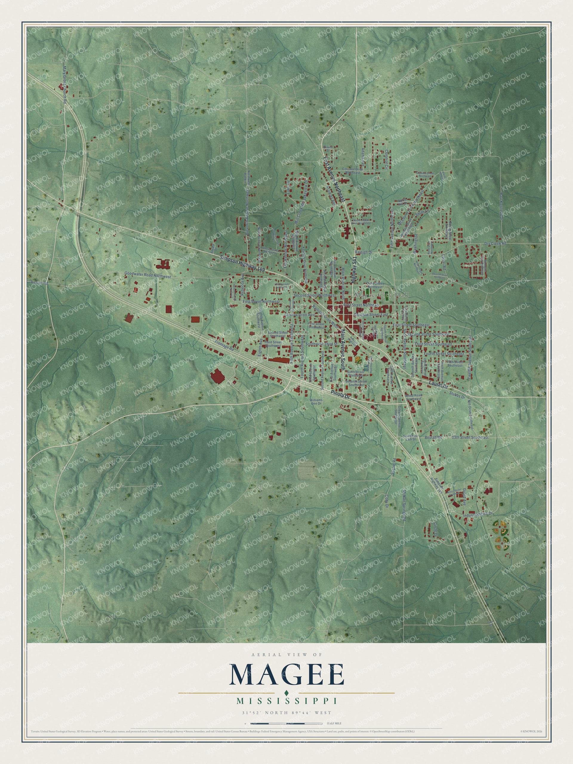 Watermarked full-map preview of Magee, Mississippi