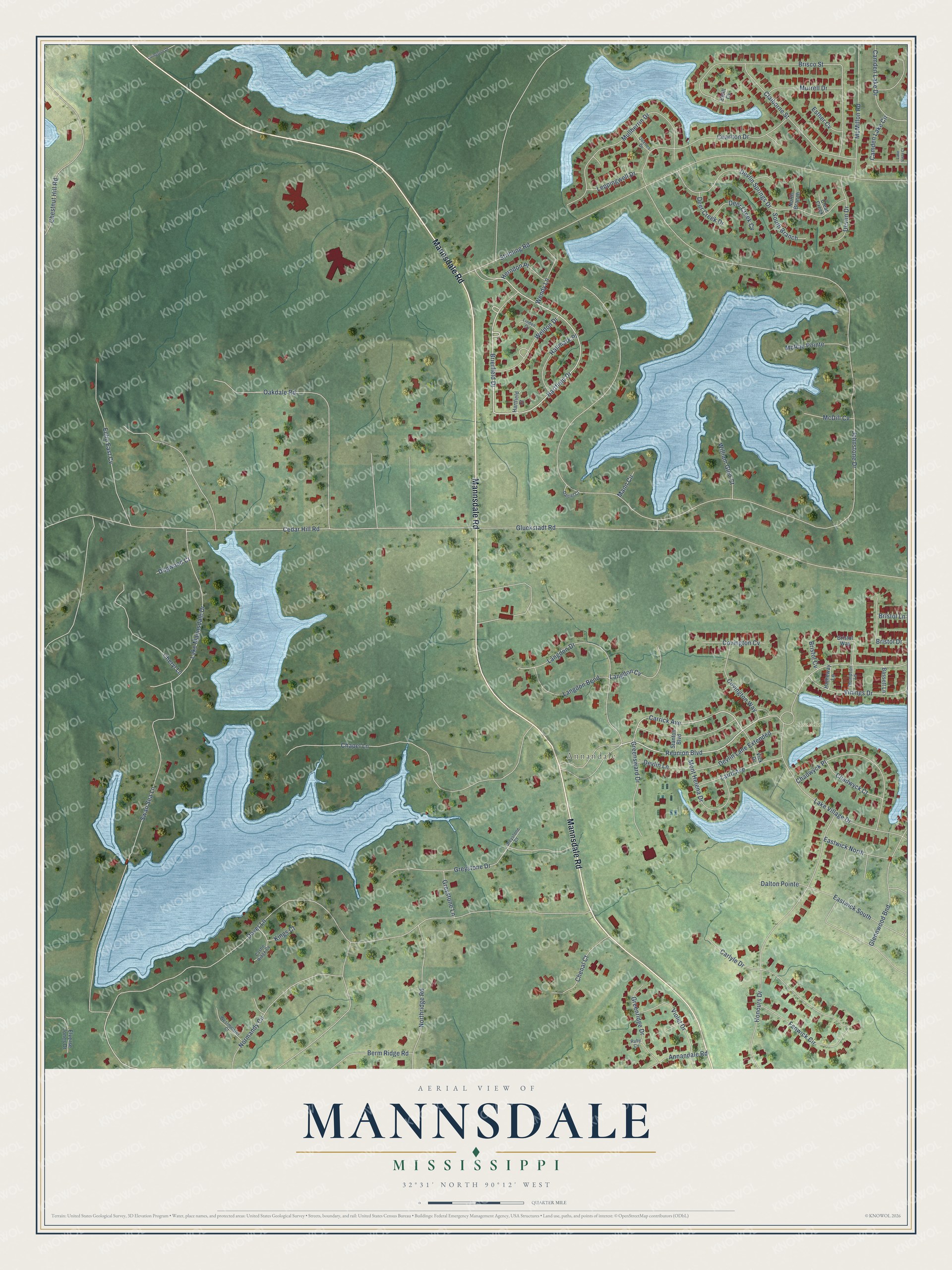Full map of Mannsdale, Mississippi, with red buildings, printed street names and the land around them