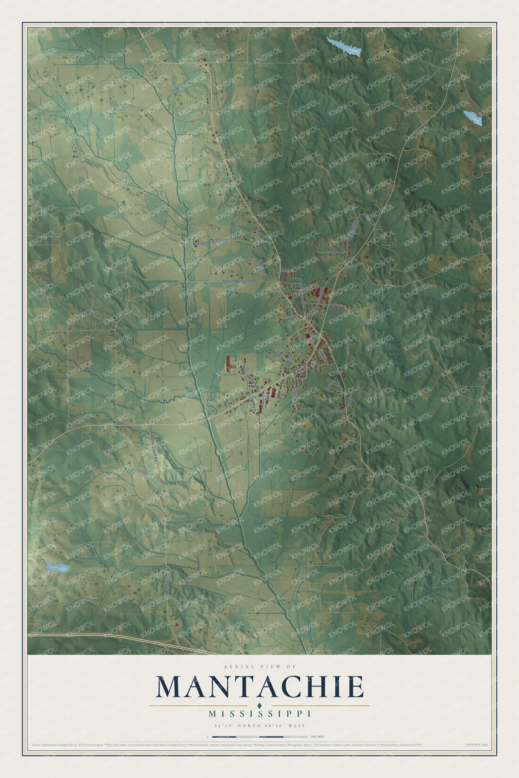 Full map of Mantachie, Mississippi, with red buildings, printed street names and the land around them