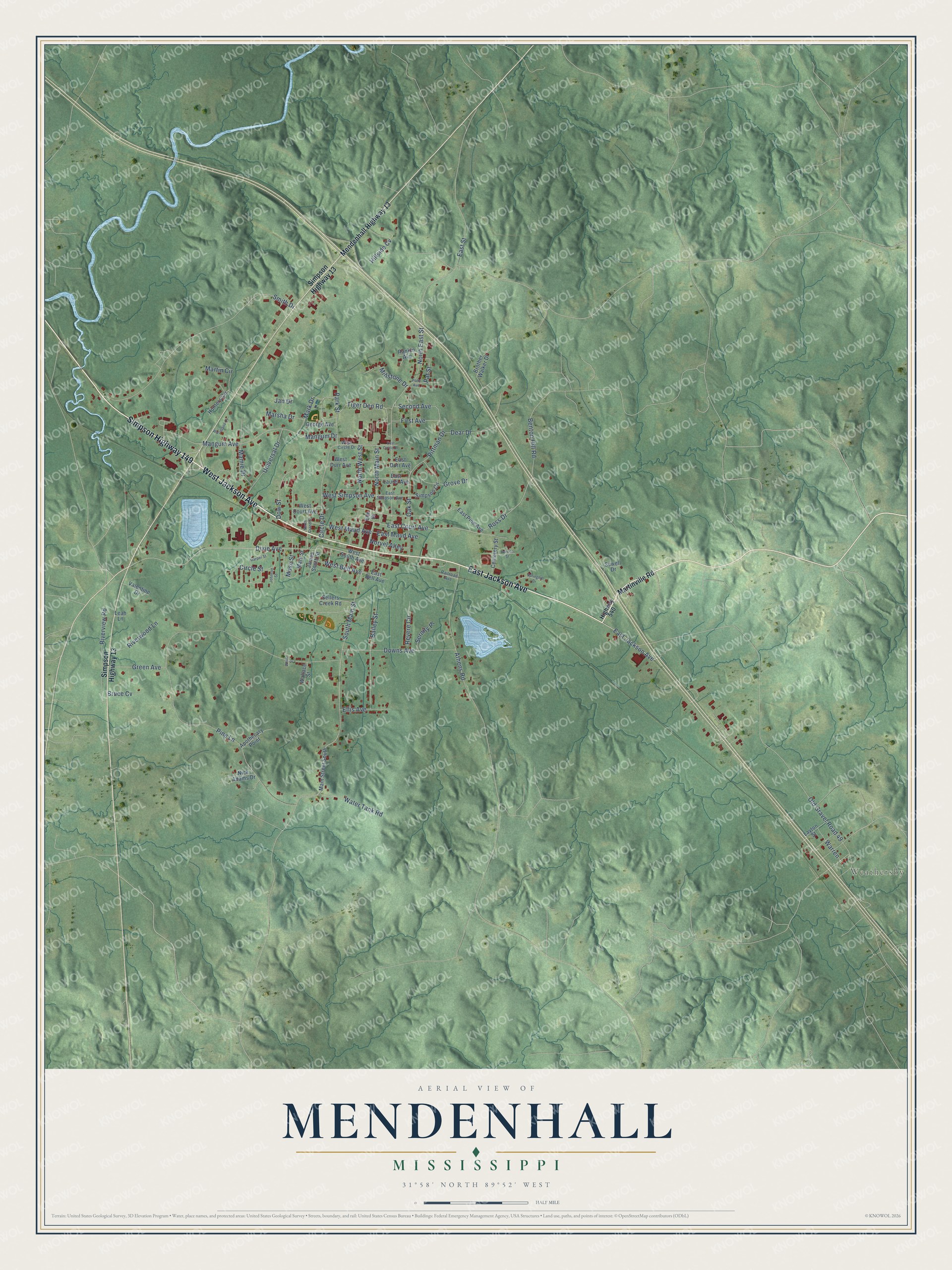 Watermarked full-map preview of Mendenhall, Mississippi
