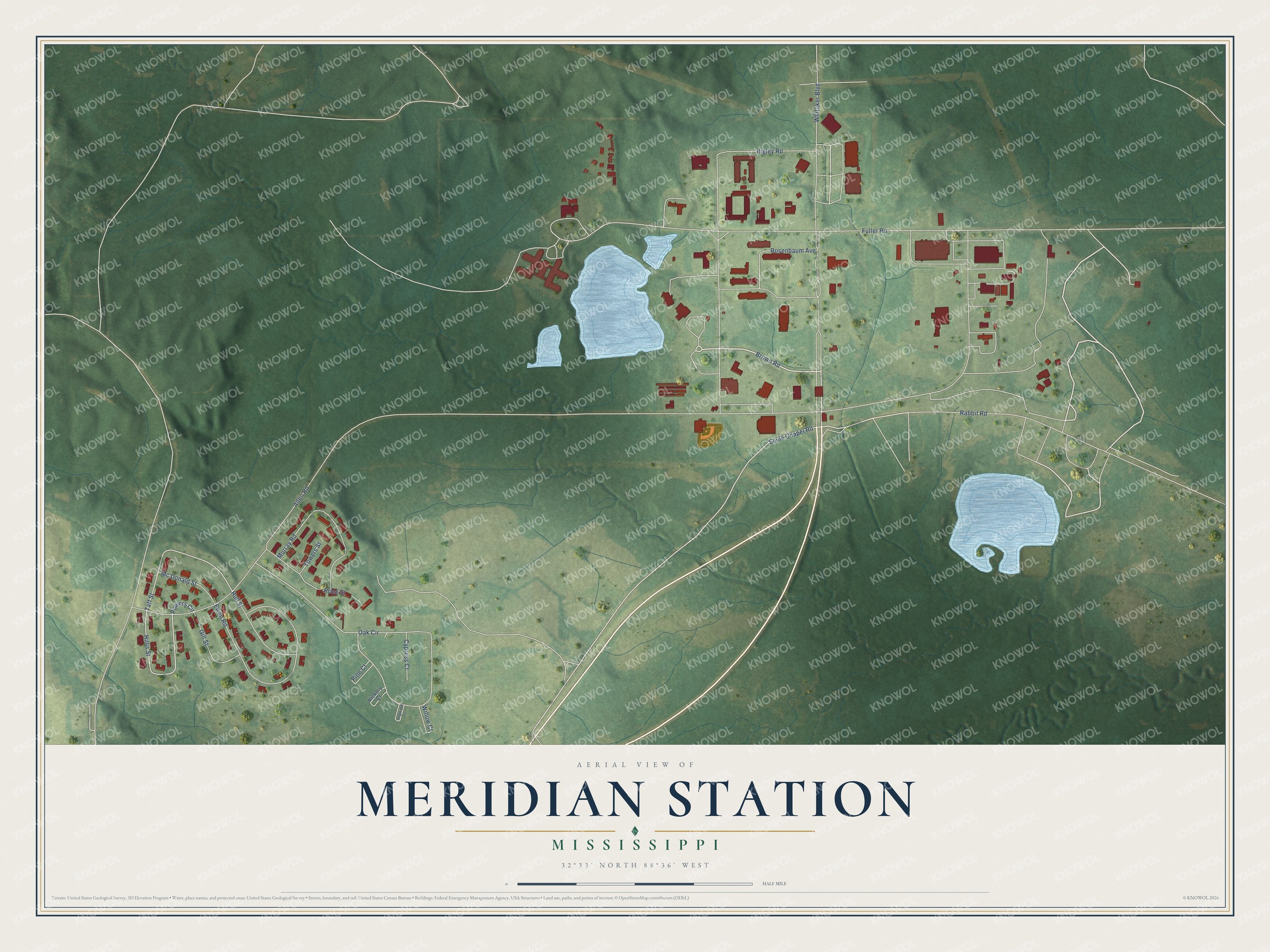 Full map of Meridian Station, Mississippi, with red buildings, printed street names and the land around them