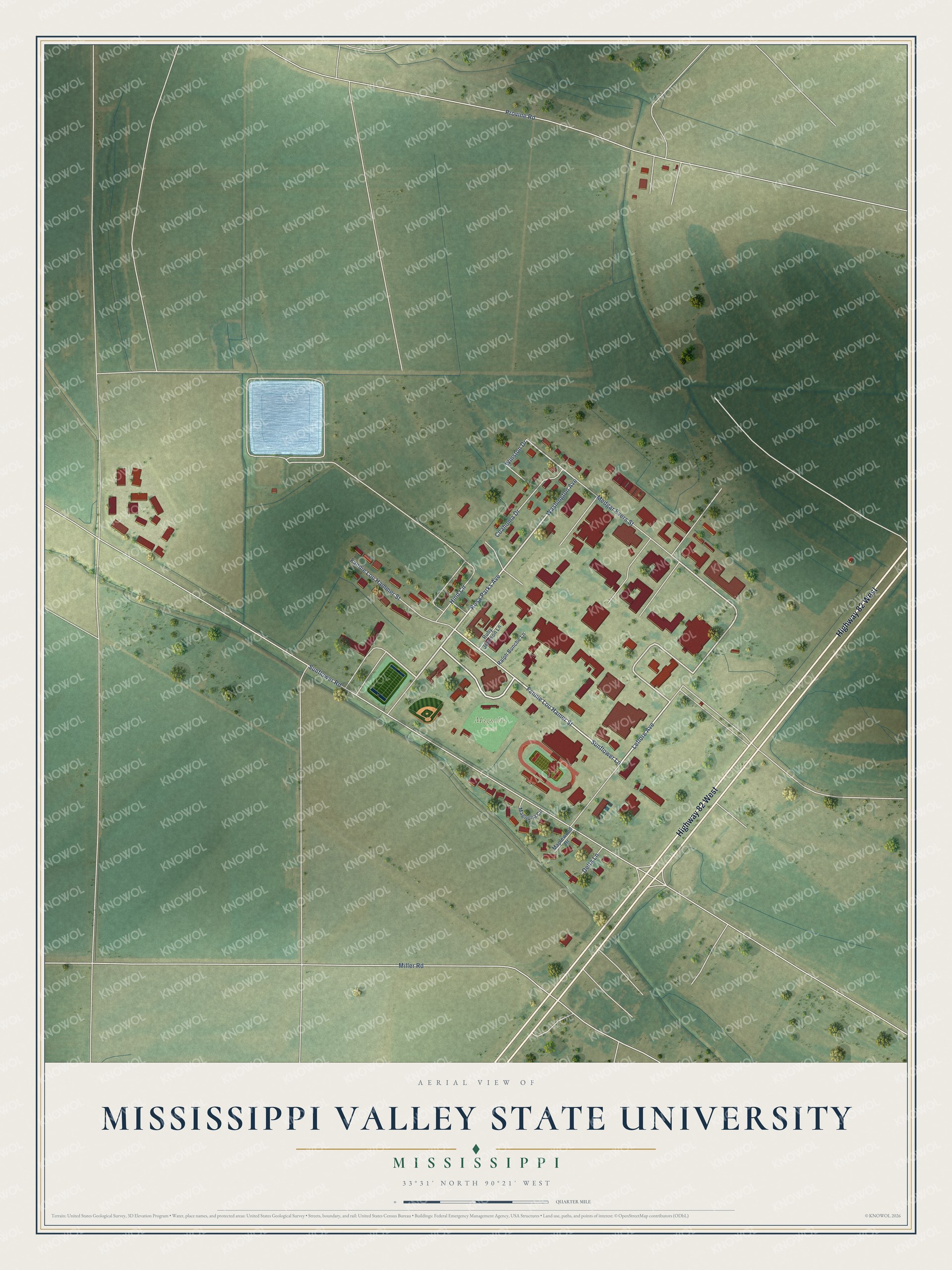 Full map of Mississippi Valley State University, Mississippi, with red buildings, printed street names and the land around them