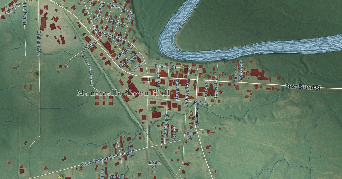 Map of Monticello, Mississippi in 2026