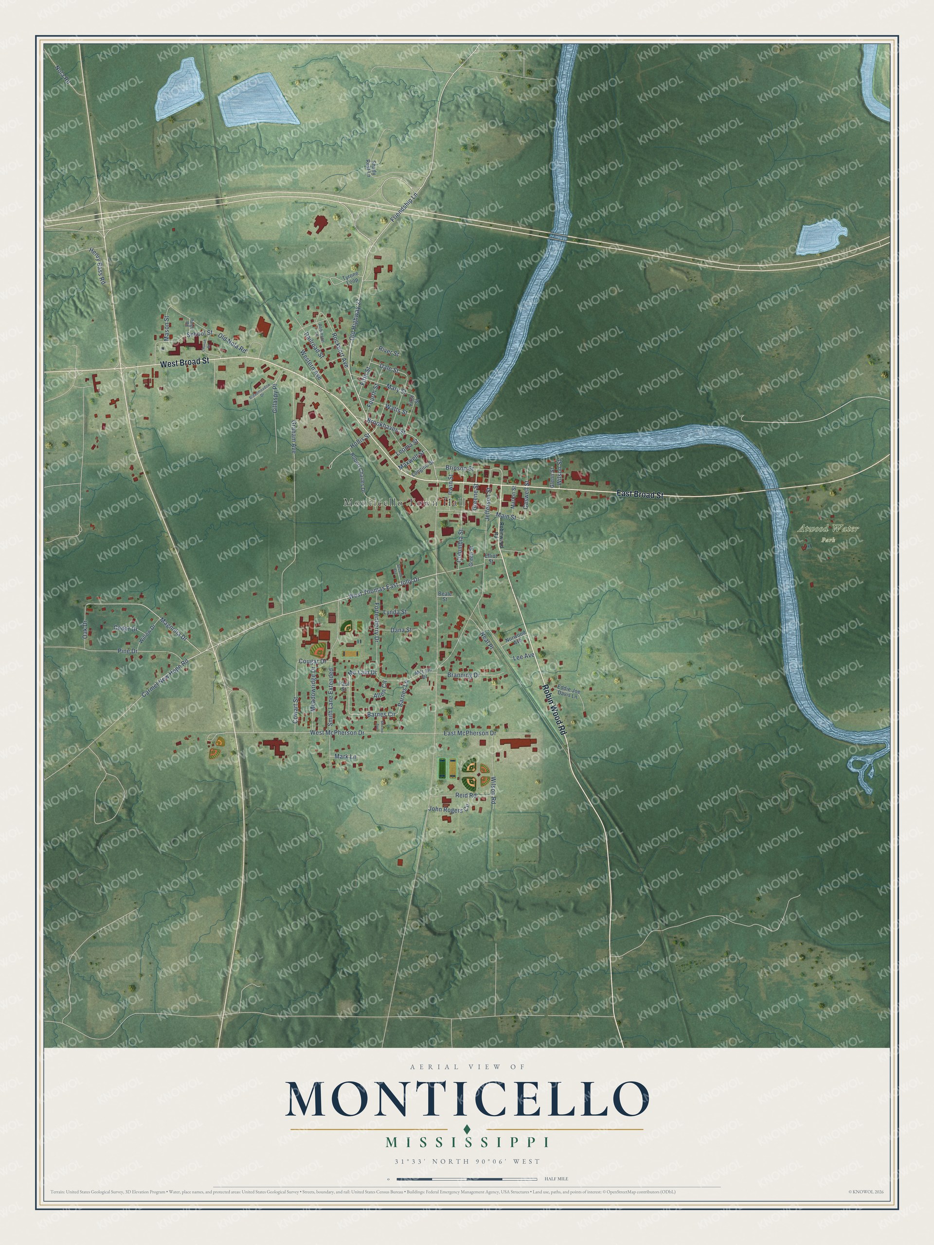 Full map of Monticello, Mississippi, with red buildings, printed street names and the land around them