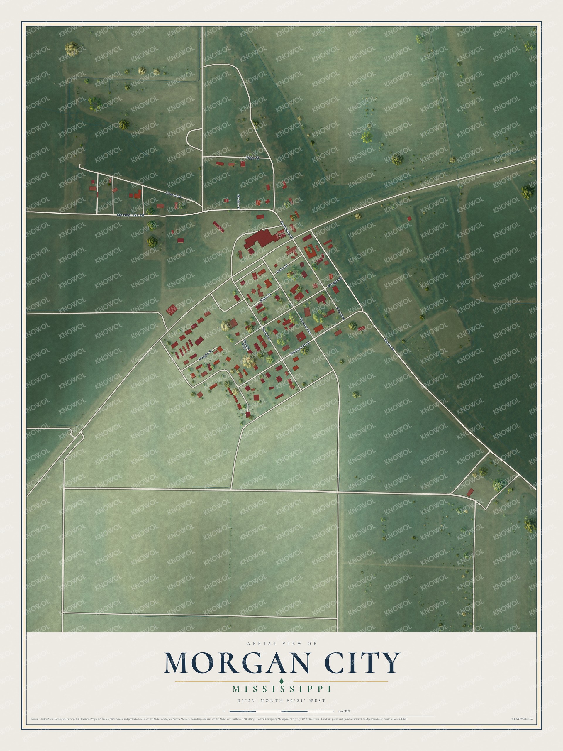 Full map of Morgan City, Mississippi, with red buildings, printed street names and the land around them