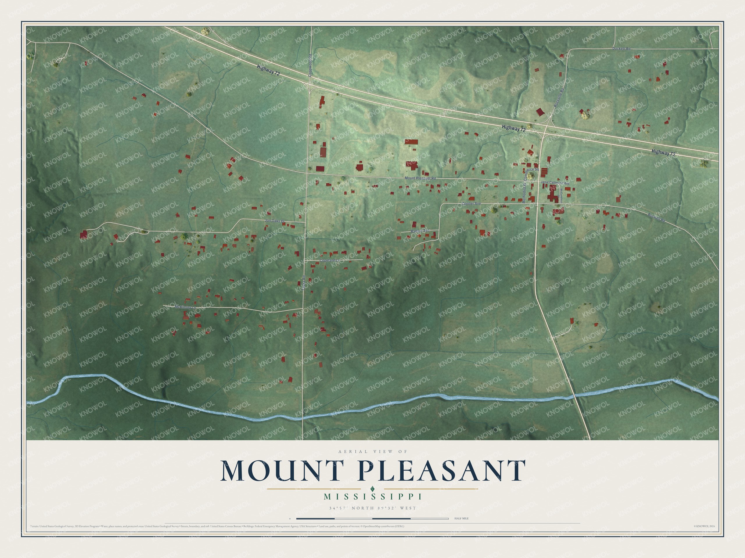 Full map of Mount Pleasant, Mississippi, with red buildings, printed street names and the land around them