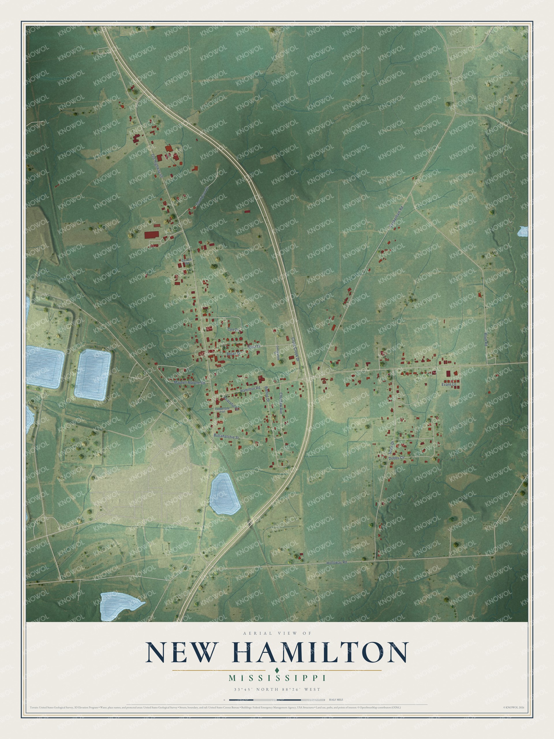 Full map of New Hamilton, Mississippi, with red buildings, printed street names and the land around them