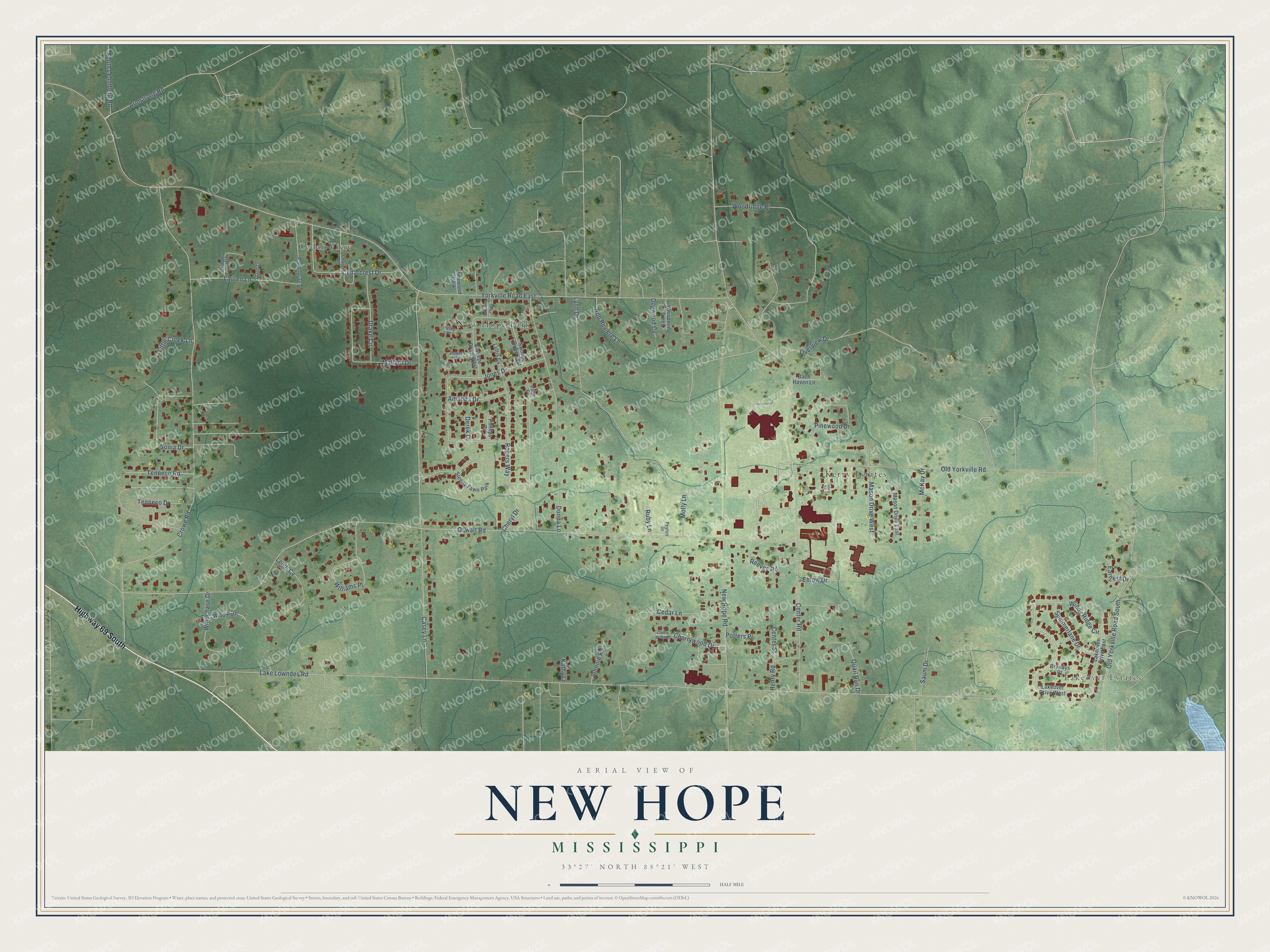 Full map of New Hope, Mississippi, with red buildings, printed street names and the land around them