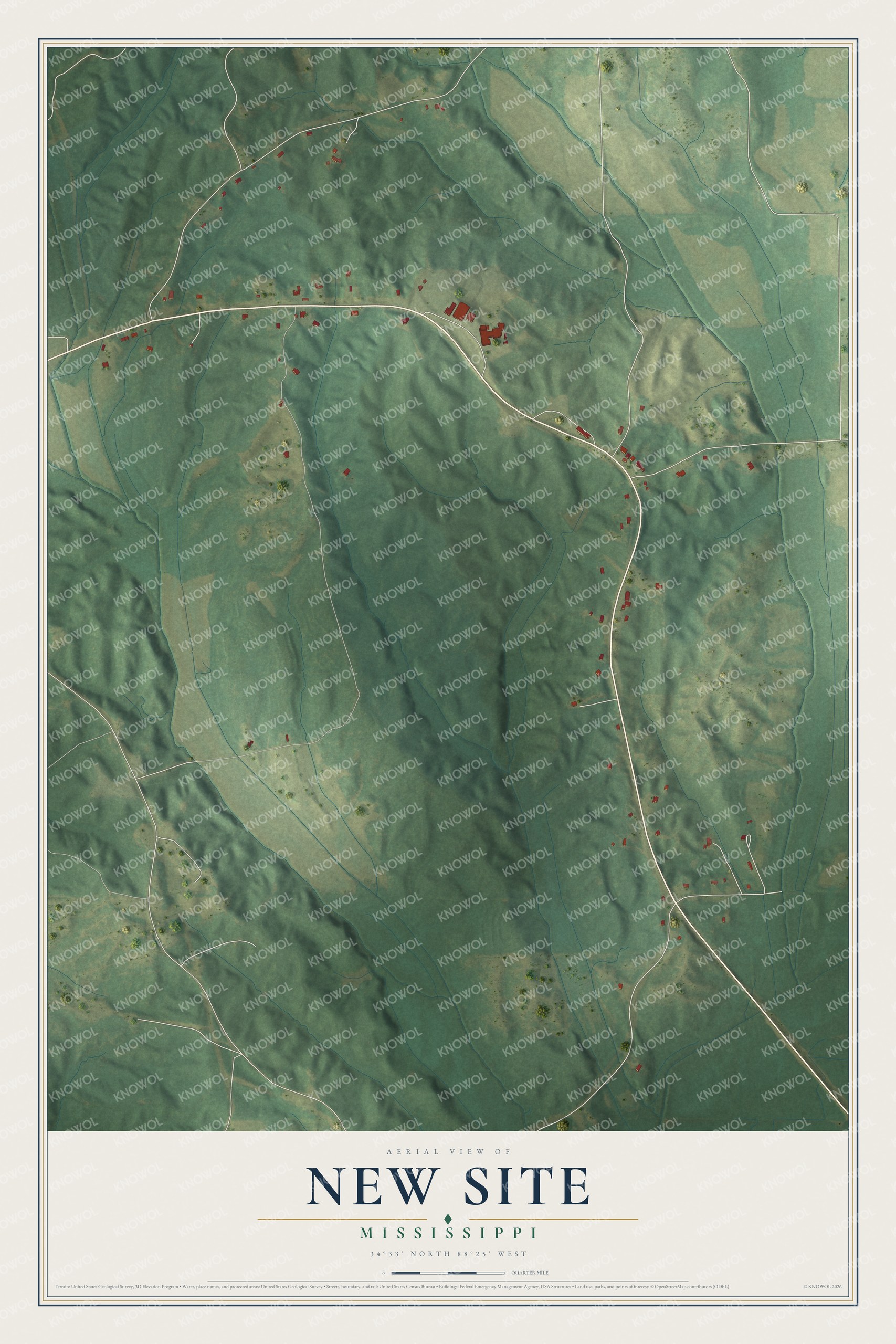 Full map of New Site, Mississippi, with red buildings, printed street names and the land around them