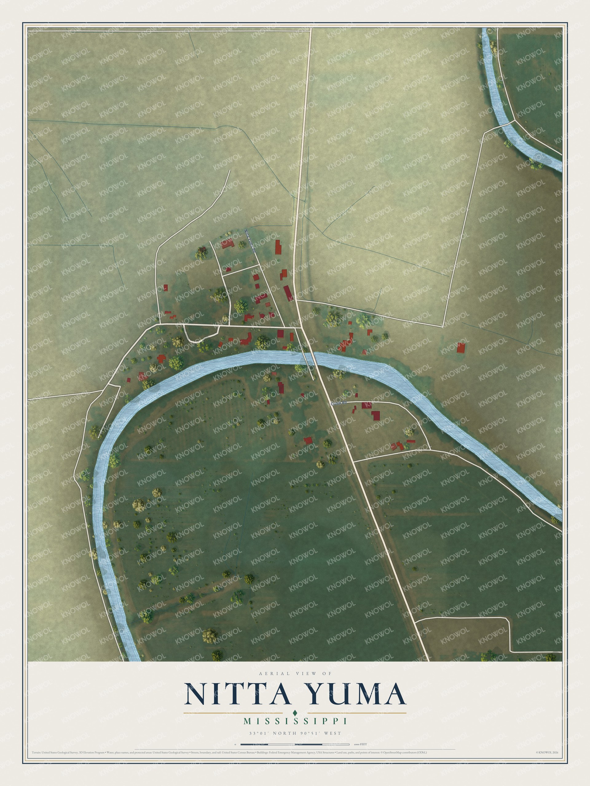Full map of Nitta Yuma, Mississippi, with red buildings, printed street names and the land around them