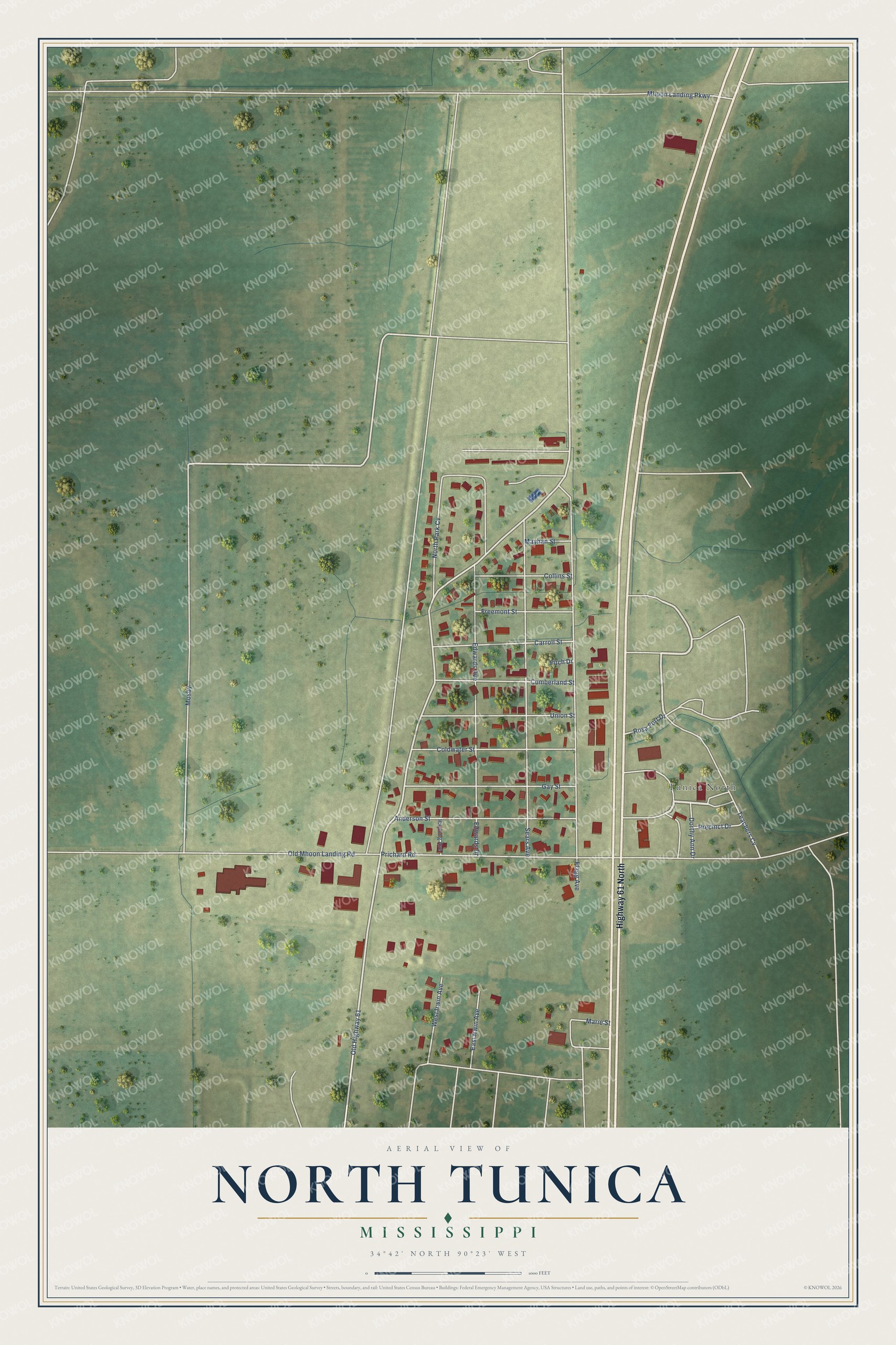 Full map of North Tunica, Mississippi, with red buildings, printed street names and the land around them
