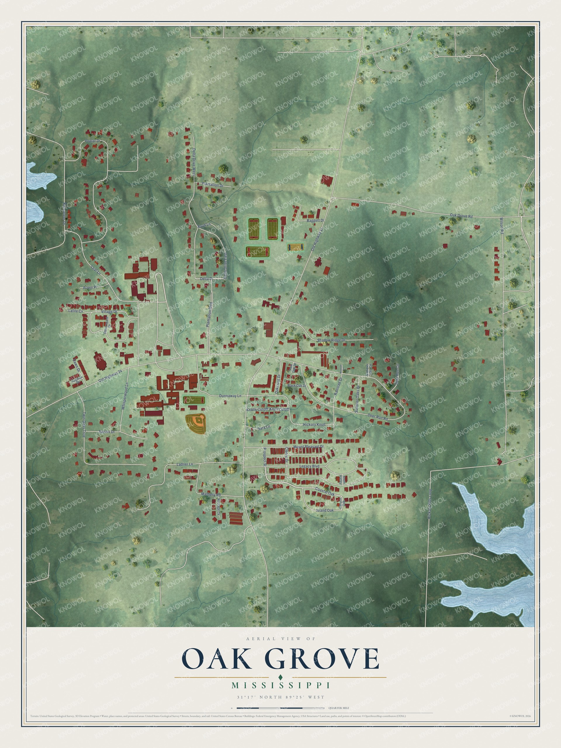 Full map of Oak Grove, Mississippi, with red buildings, printed street names and the land around them