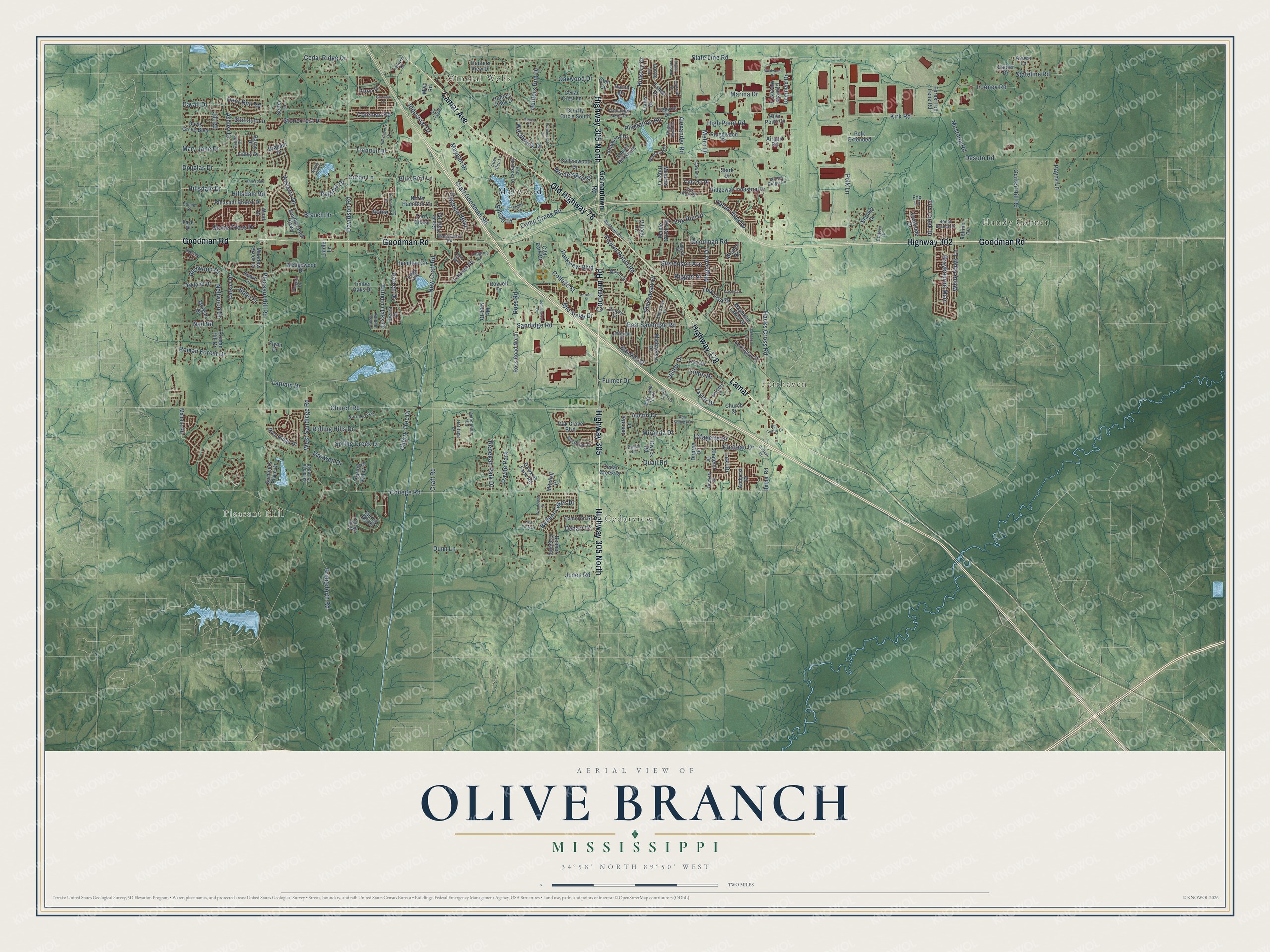 Full map of Olive Branch, Mississippi, with red buildings, printed street names and the land around them
