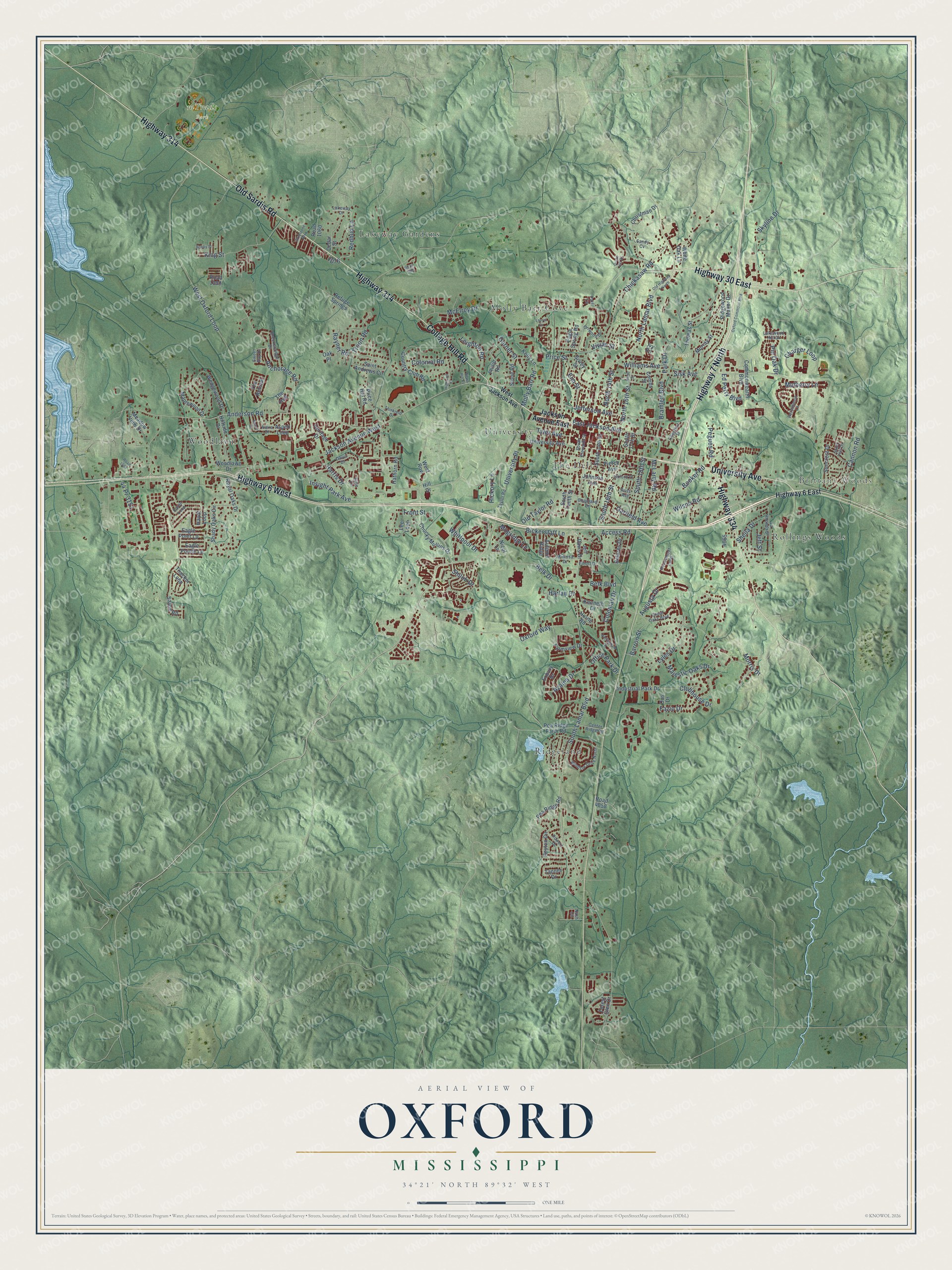 Full map of Oxford, Mississippi, with red buildings, printed street names and the land around them