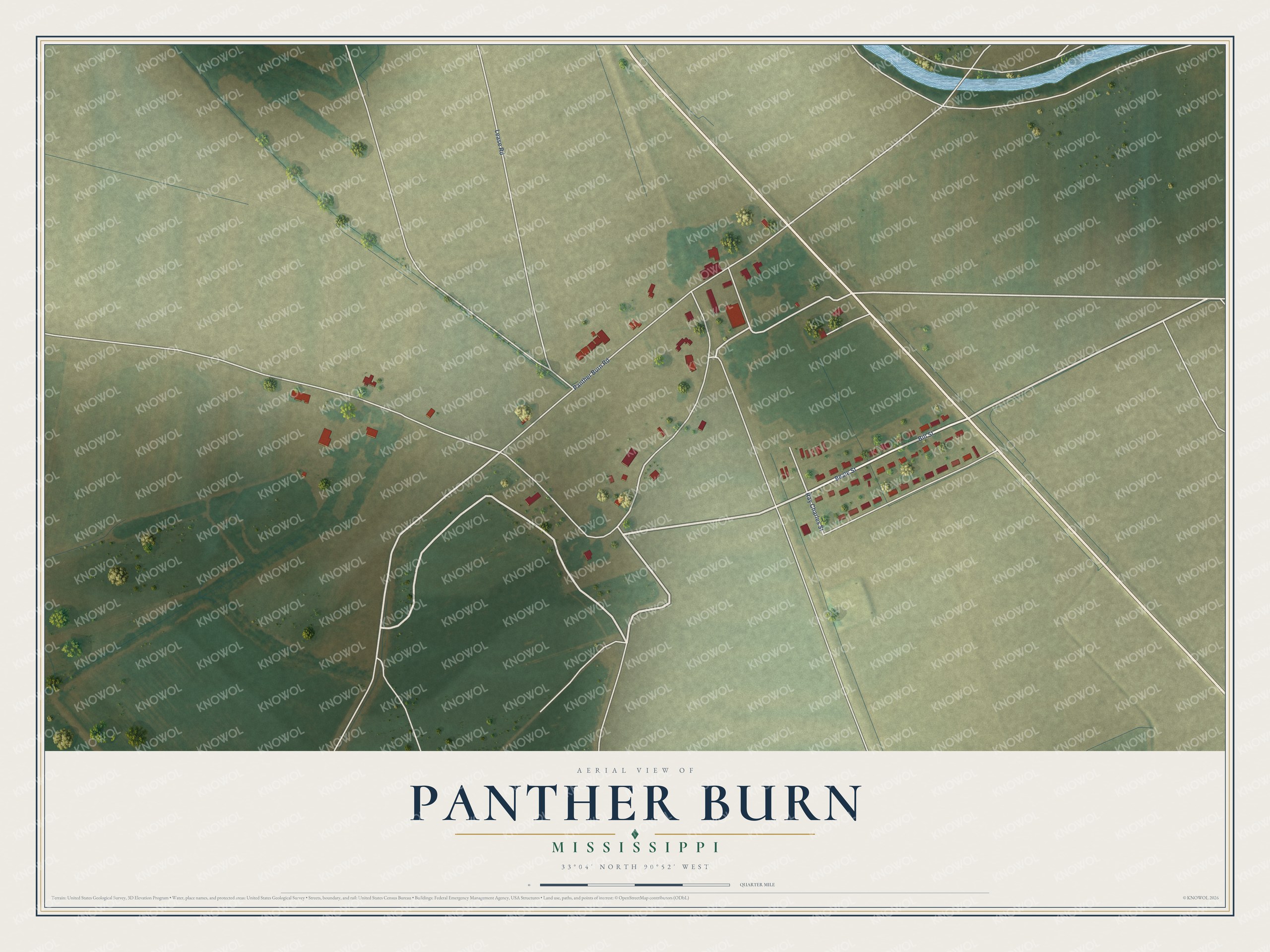 Full map of Panther Burn, Mississippi, with red buildings, printed street names and the land around them