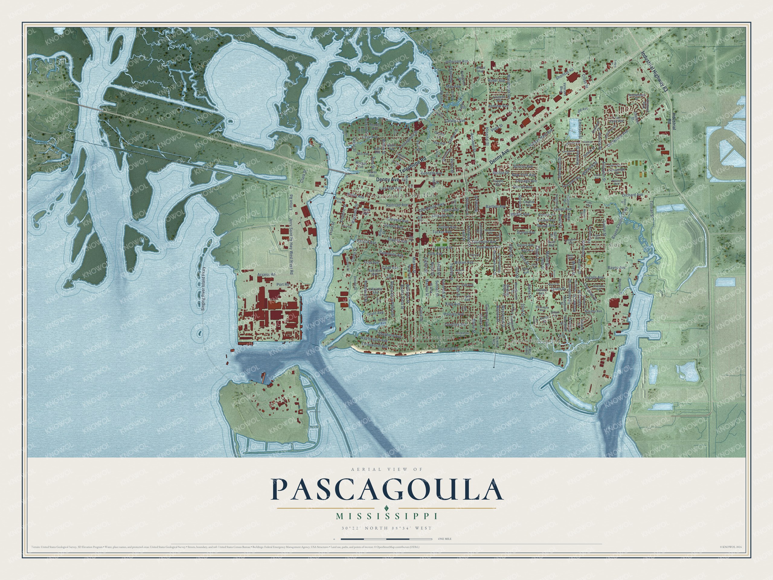 Full map of Pascagoula, Mississippi, with red buildings, printed street names and the land around them