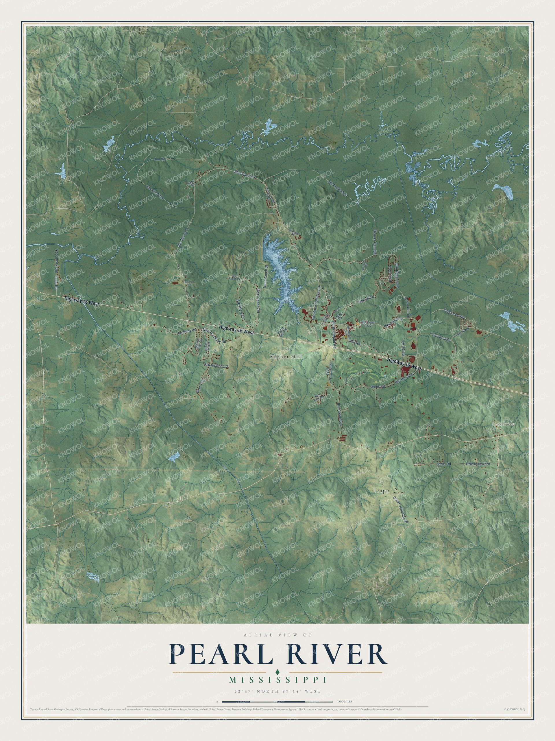 Full map of Pearl River, Mississippi, with red buildings, printed street names and the land around them
