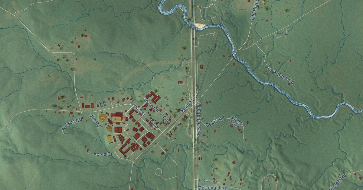 Close-up of streets and buildings in Perkinston, Mississippi