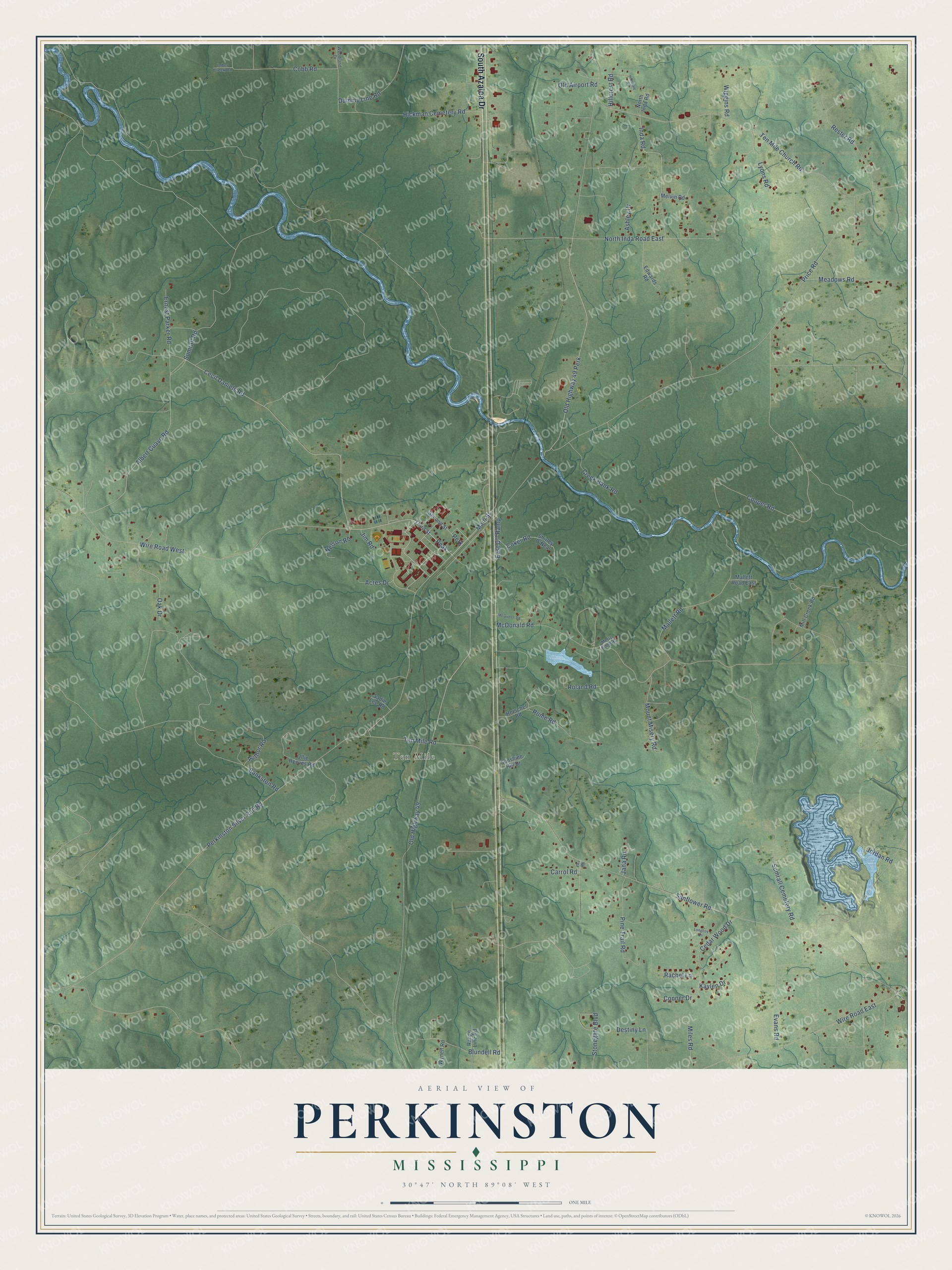Full map of Perkinston, Mississippi, with red buildings, printed street names and the land around them