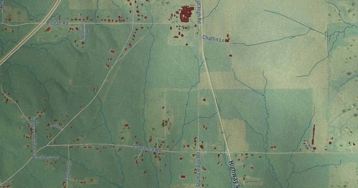 Close-up of streets and buildings in Pisgah, Mississippi