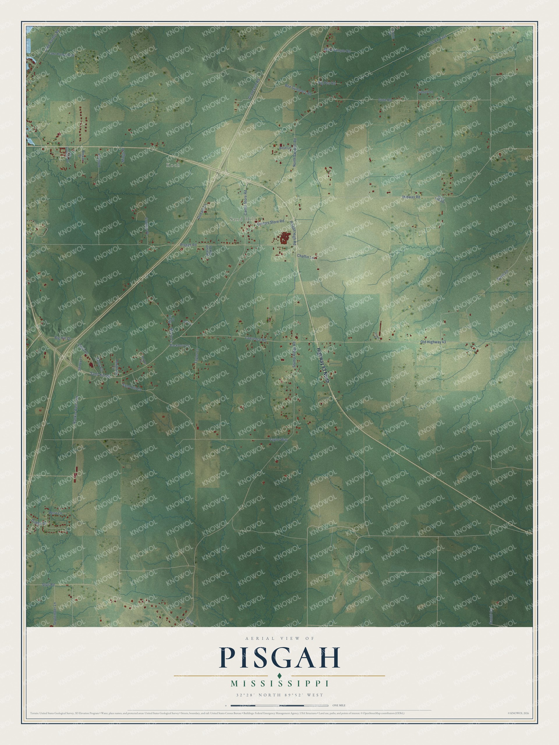 Full map of Pisgah, Mississippi, with red buildings, printed street names and the land around them