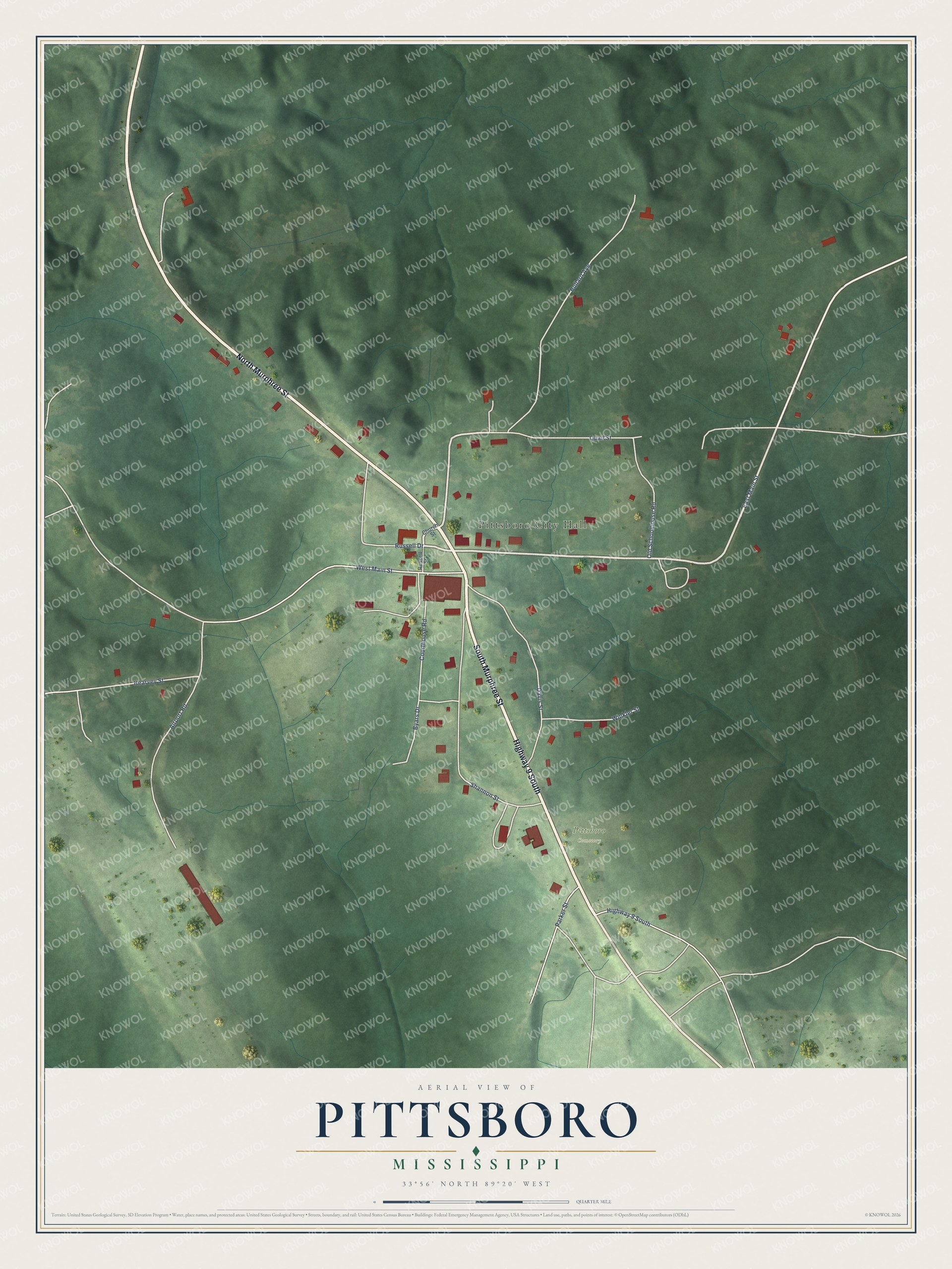 Full map of Pittsboro, Mississippi, with red buildings, printed street names and the land around them