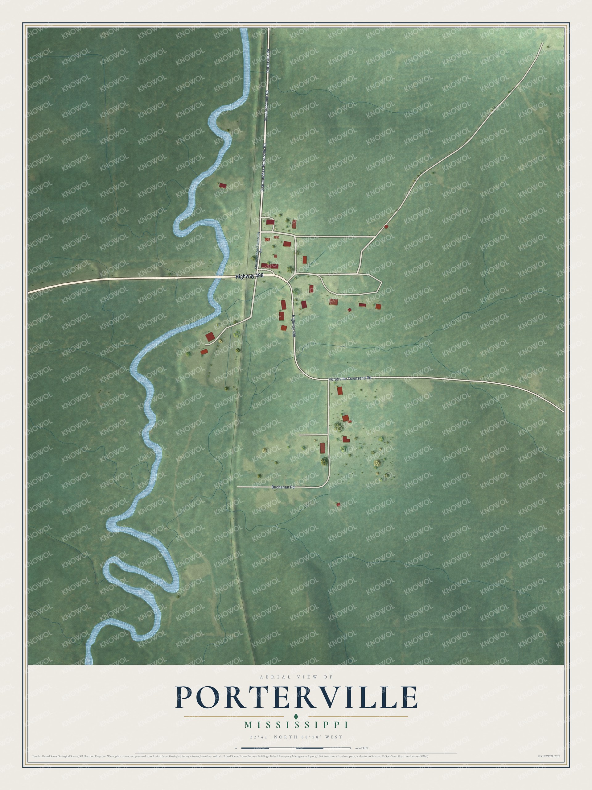 Full map of Porterville, Mississippi, with red buildings, printed street names and the land around them