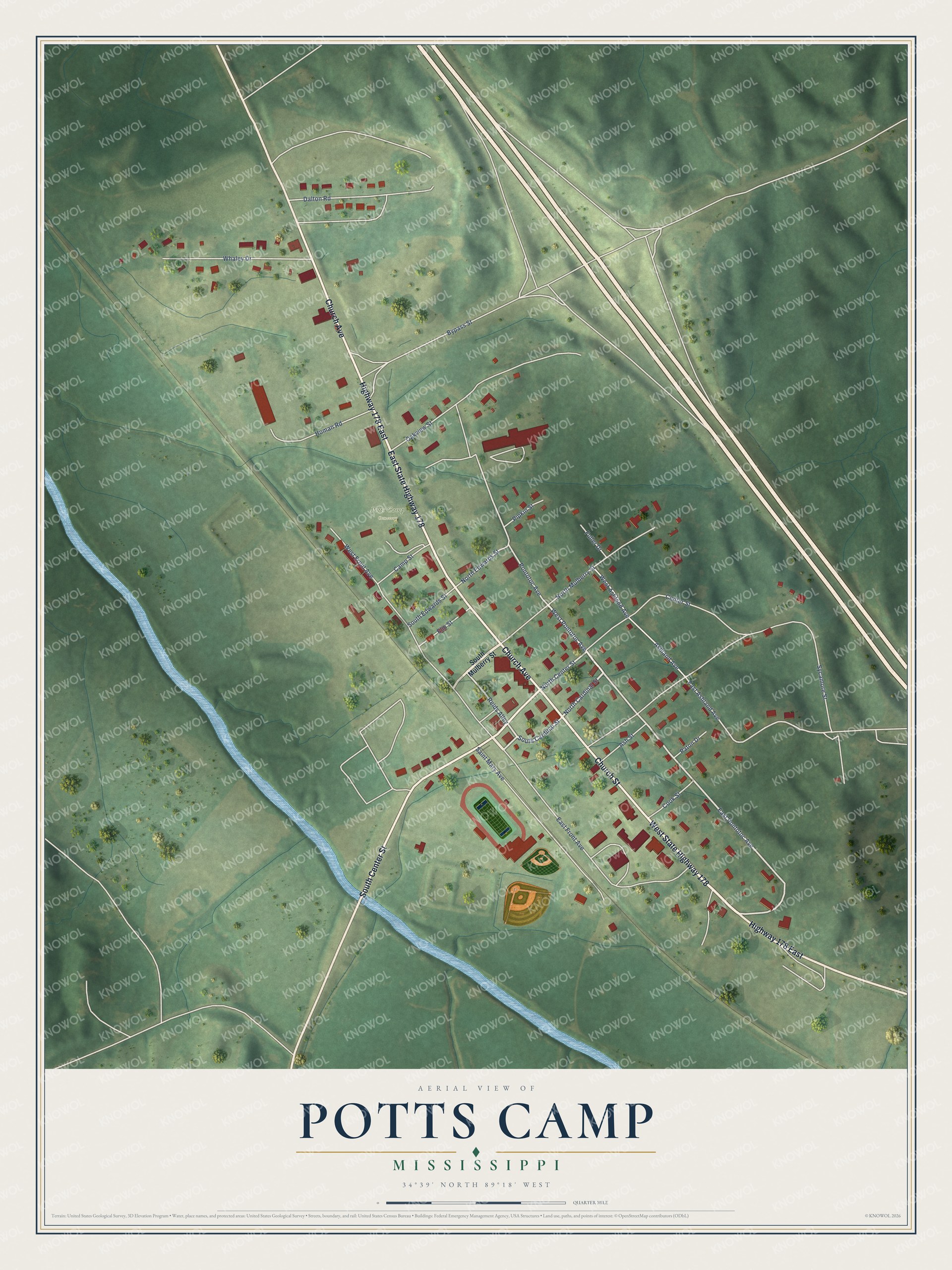 Full map of Potts Camp, Mississippi, with red buildings, printed street names and the land around them