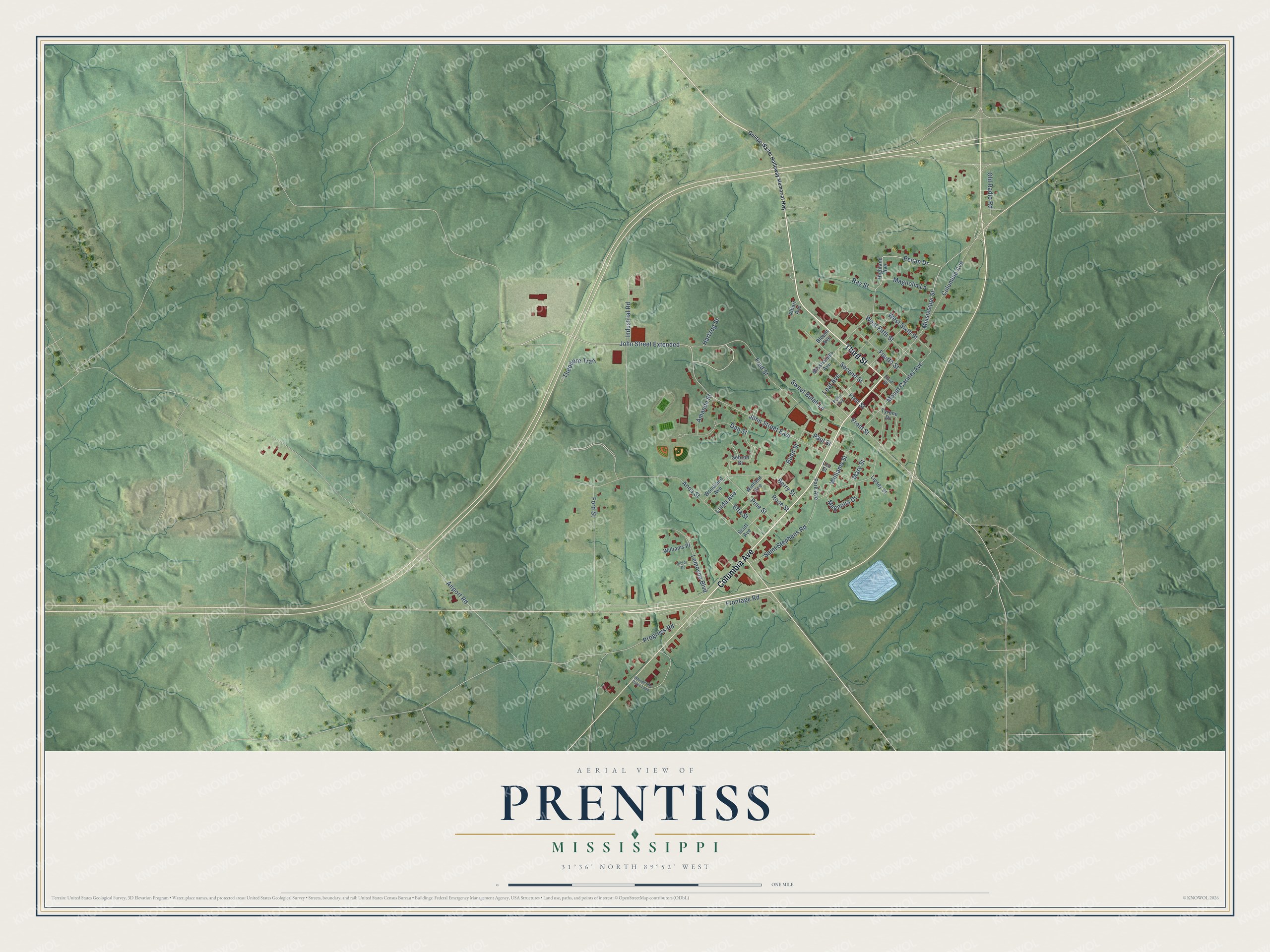Full map of Prentiss, Mississippi, with red buildings, printed street names and the land around them