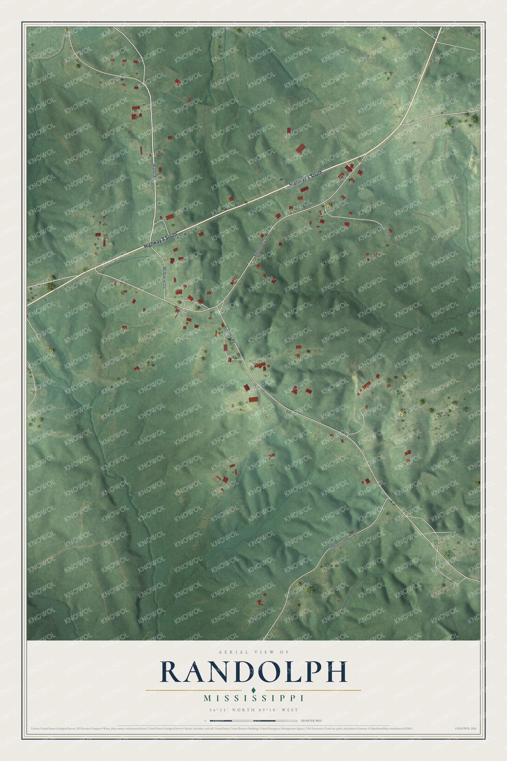 Full map of Randolph, Mississippi, with red buildings, printed street names and the land around them