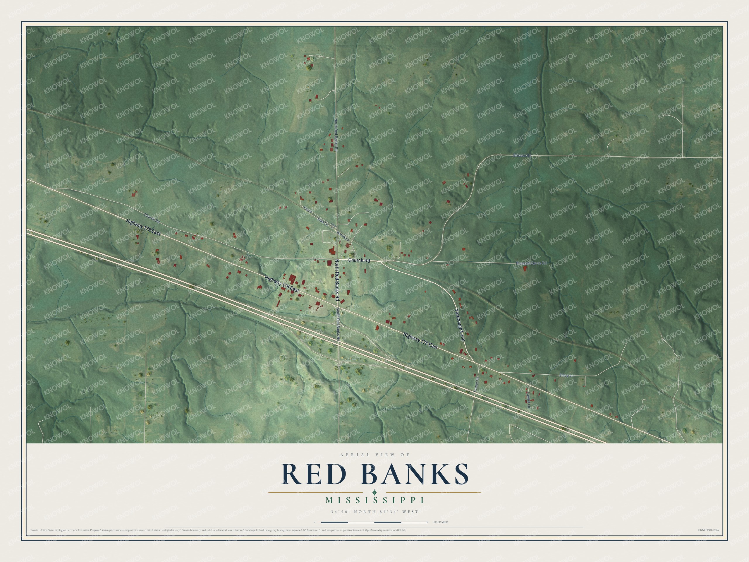 Full map of Red Banks, Mississippi, with red buildings, printed street names and the land around them