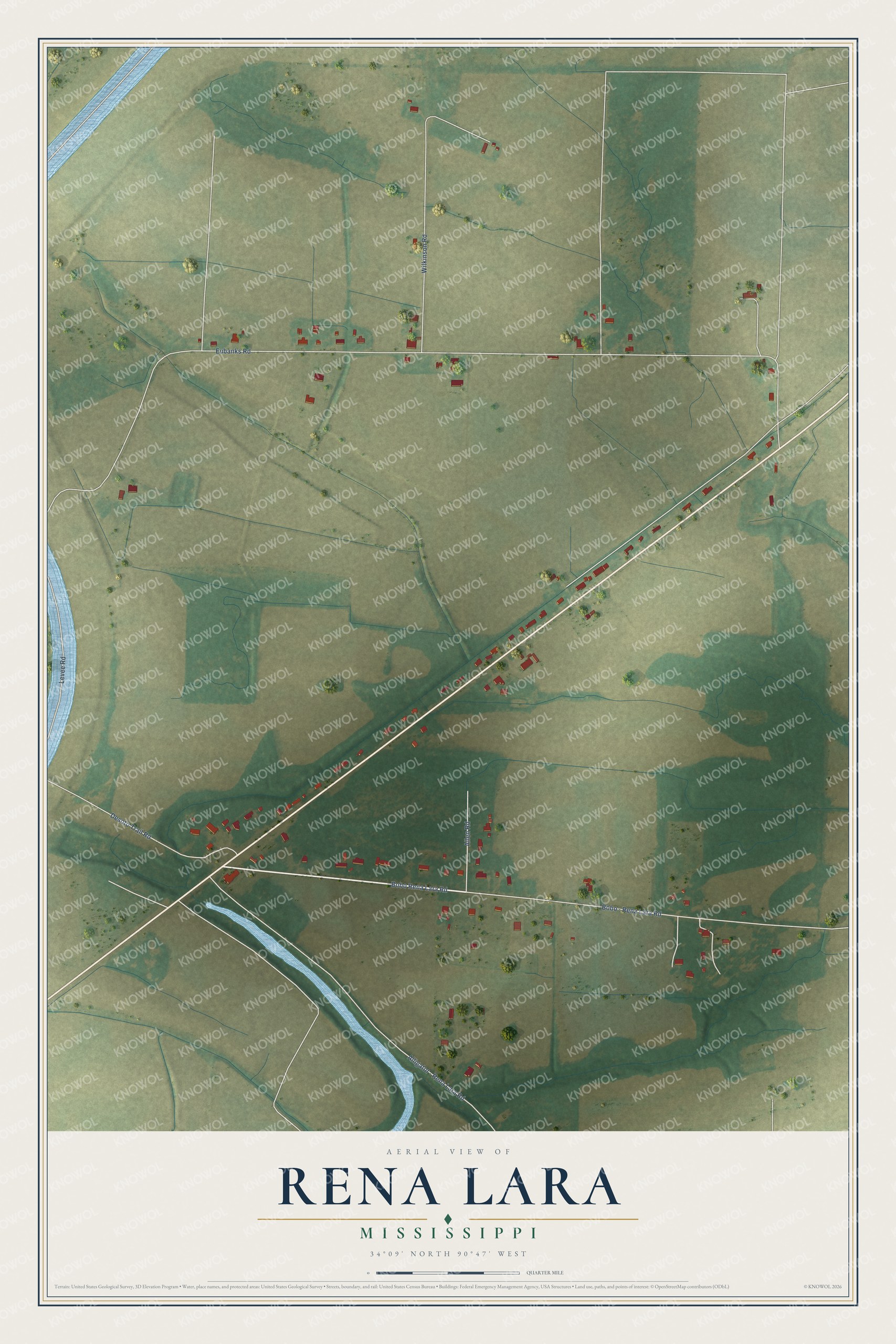 Full map of Rena Lara, Mississippi, with red buildings, printed street names and the land around them