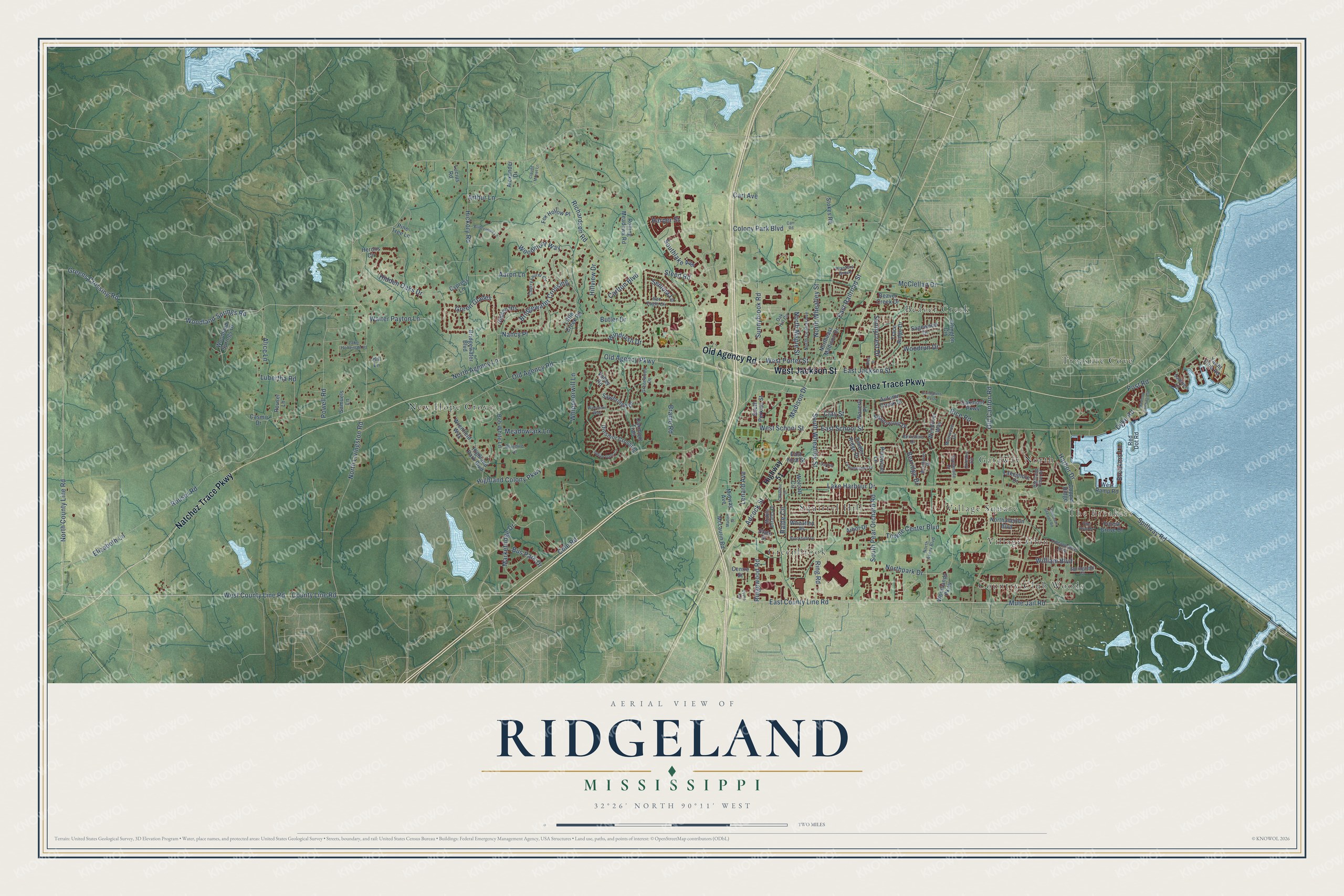 Full map of Ridgeland, Mississippi, with red buildings, printed street names and the land around them