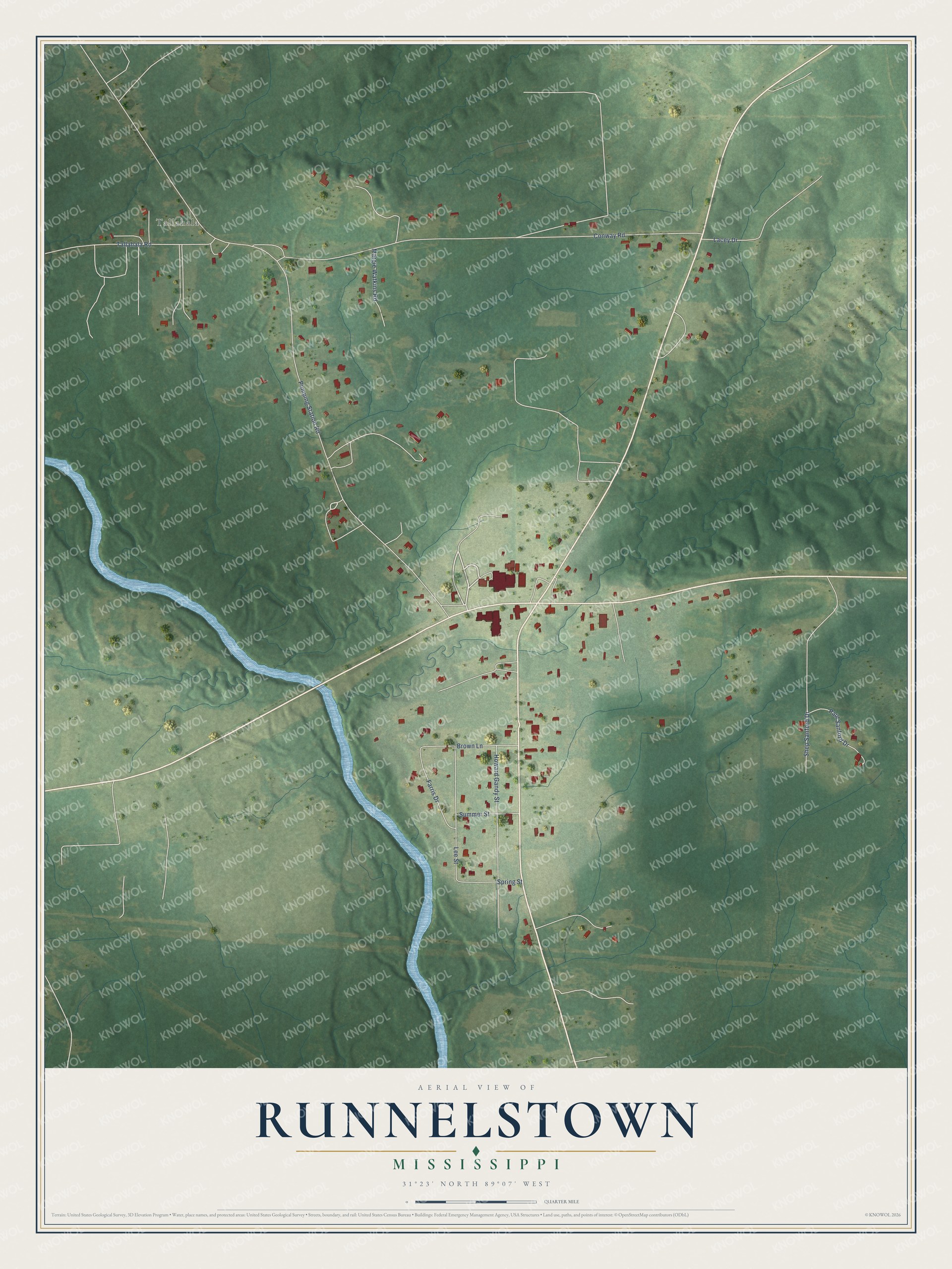 Full map of Runnelstown, Mississippi, with red buildings, printed street names and the land around them