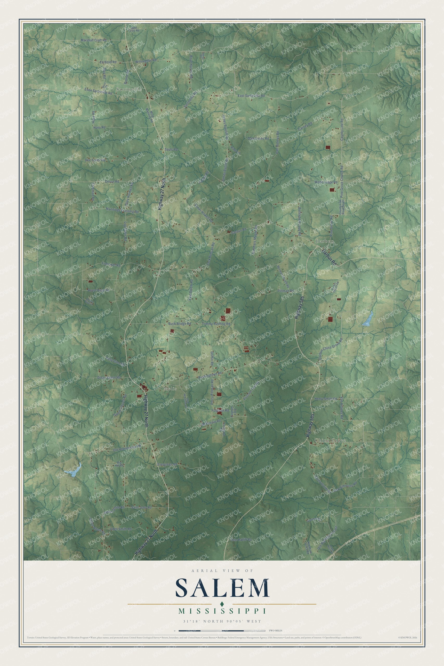 Full map of Salem, Mississippi, with red buildings, printed street names and the land around them