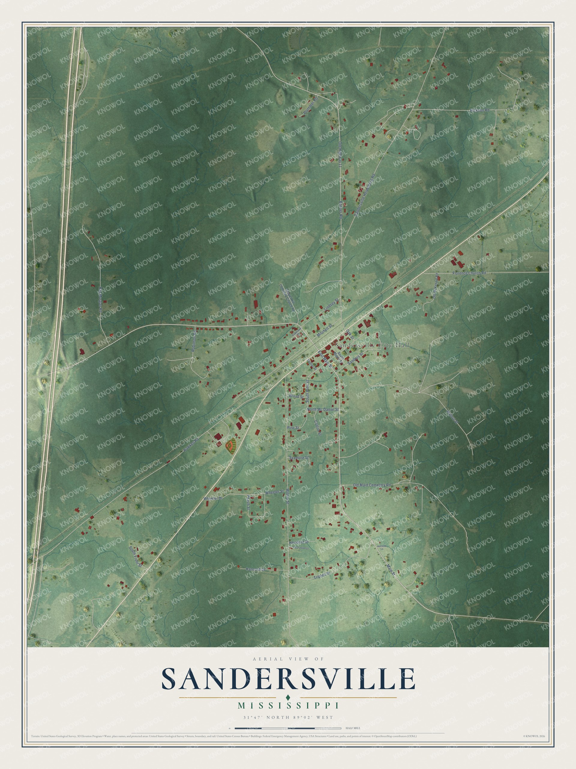 Full map of Sandersville, Mississippi, with red buildings, printed street names and the land around them