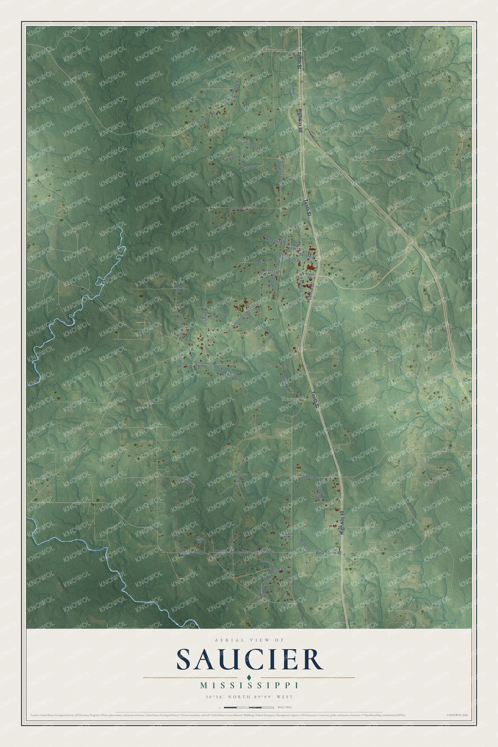 Full map of Saucier, Mississippi, with red buildings, printed street names and the land around them