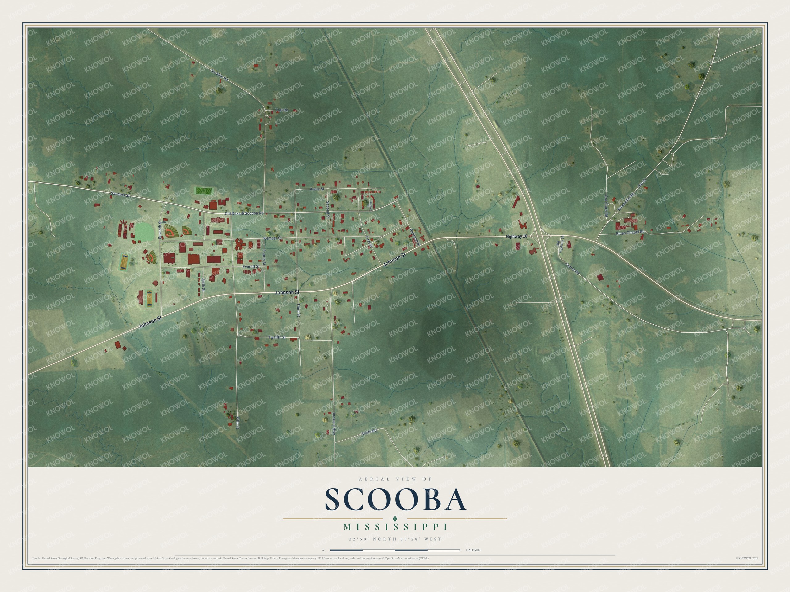 Full map of Scooba, Mississippi, with red buildings, printed street names and the land around them