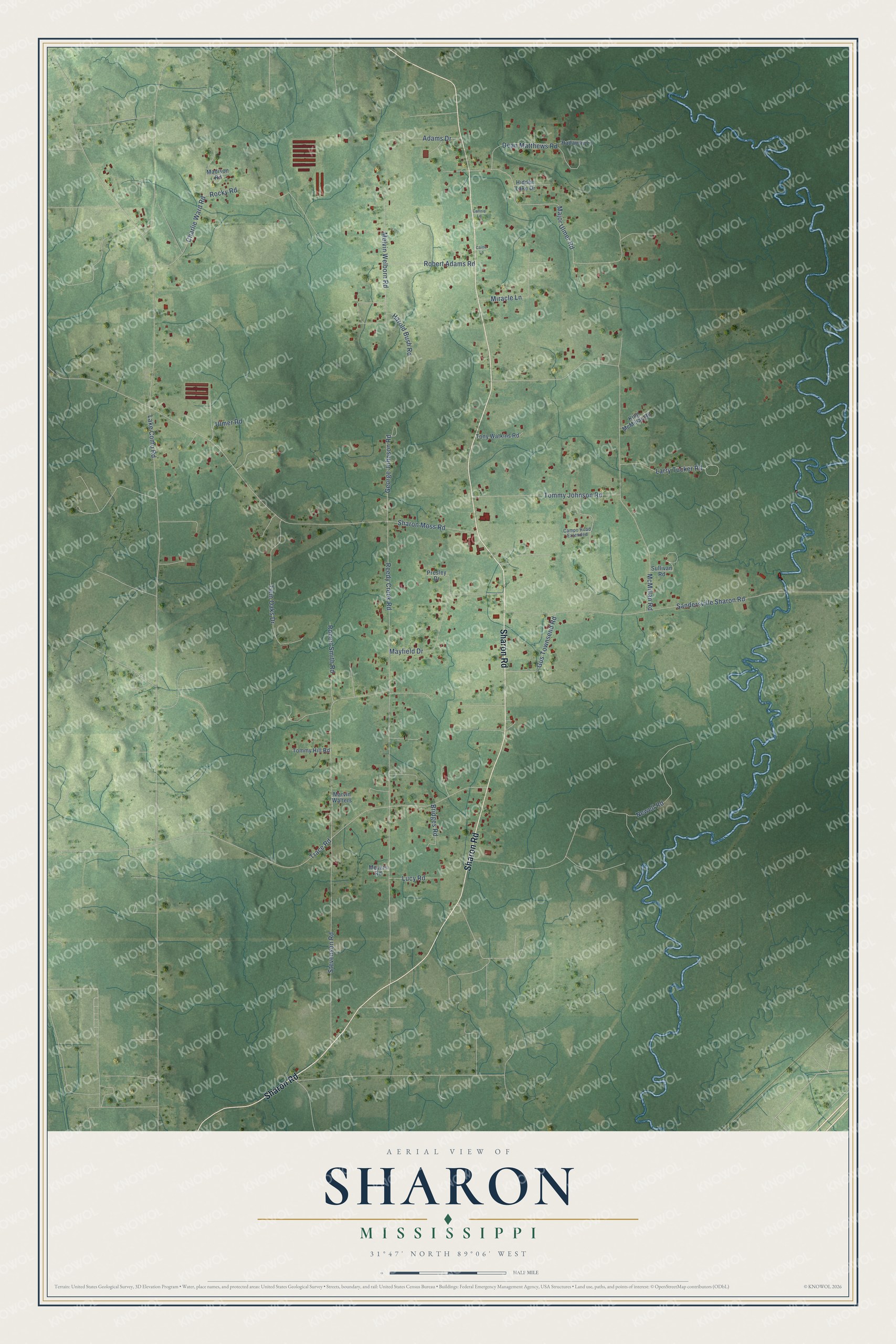 Full map of Sharon, Mississippi, with red buildings, printed street names and the land around them