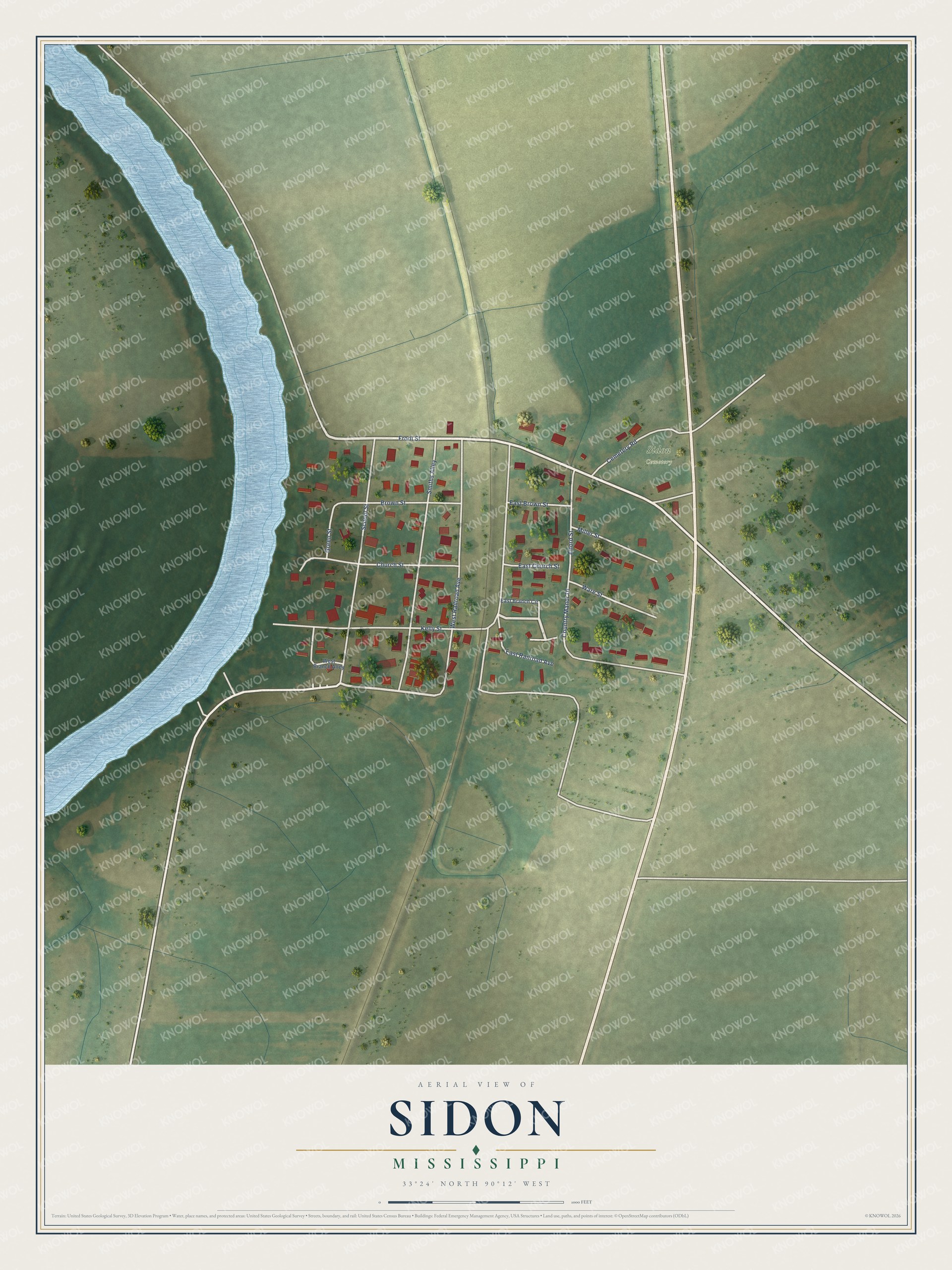 Full map of Sidon, Mississippi, with red buildings, printed street names and the land around them