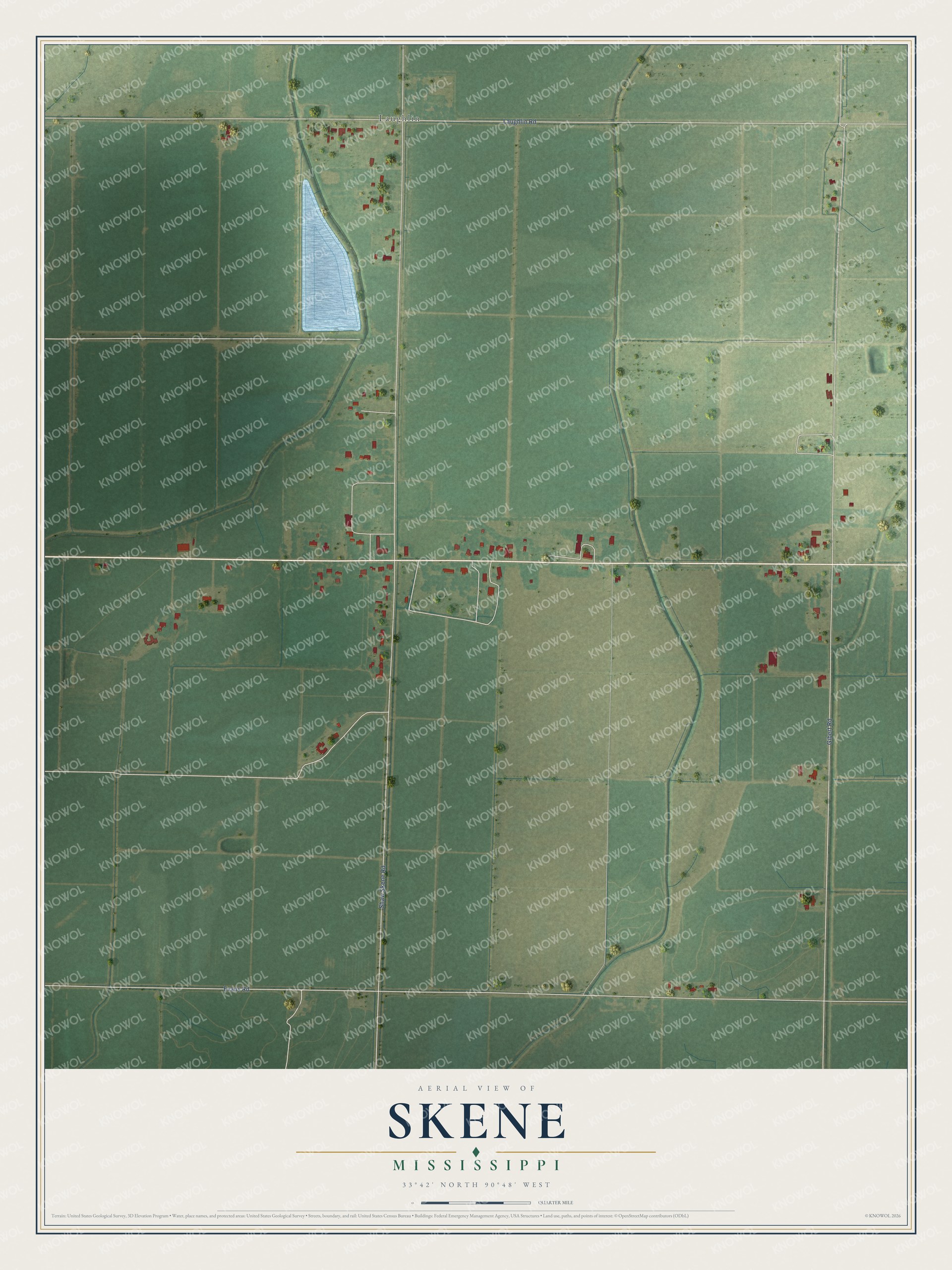 Full map of Skene, Mississippi, with red buildings, printed street names and the land around them