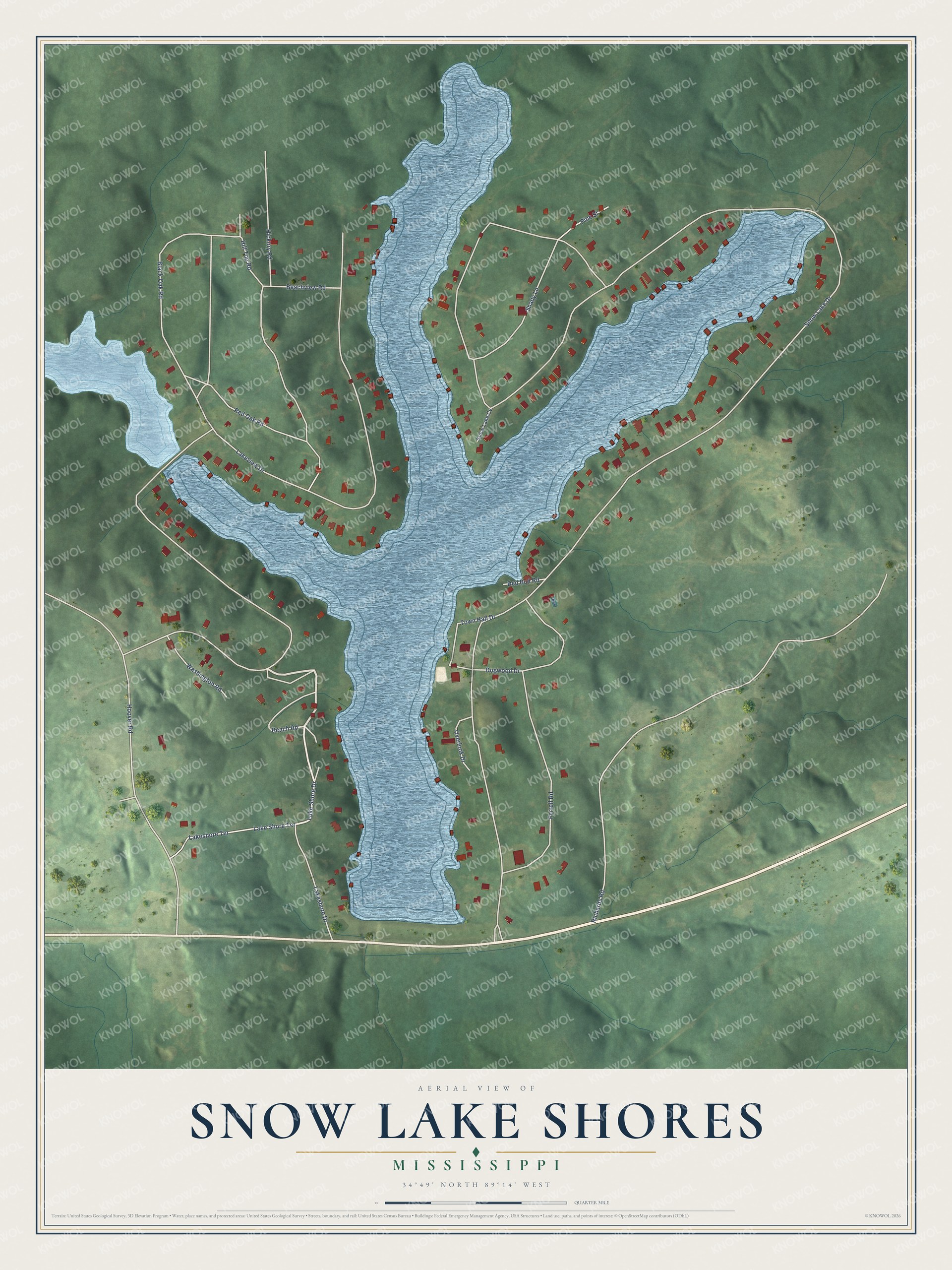 Full map of Snow Lake Shores, Mississippi, with red buildings, printed street names and the land around them
