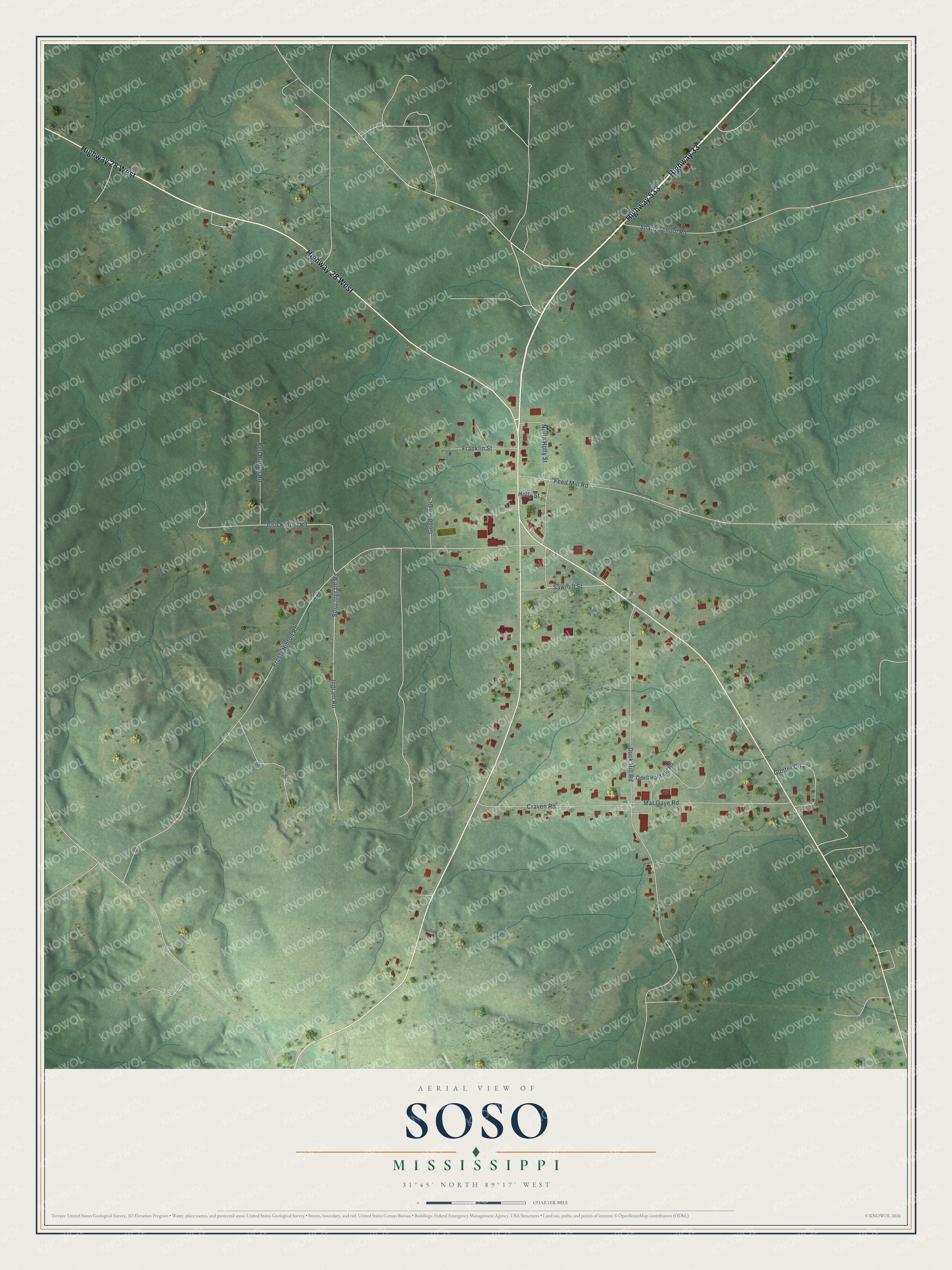 Full map of Soso, Mississippi, with red buildings, printed street names and the land around them