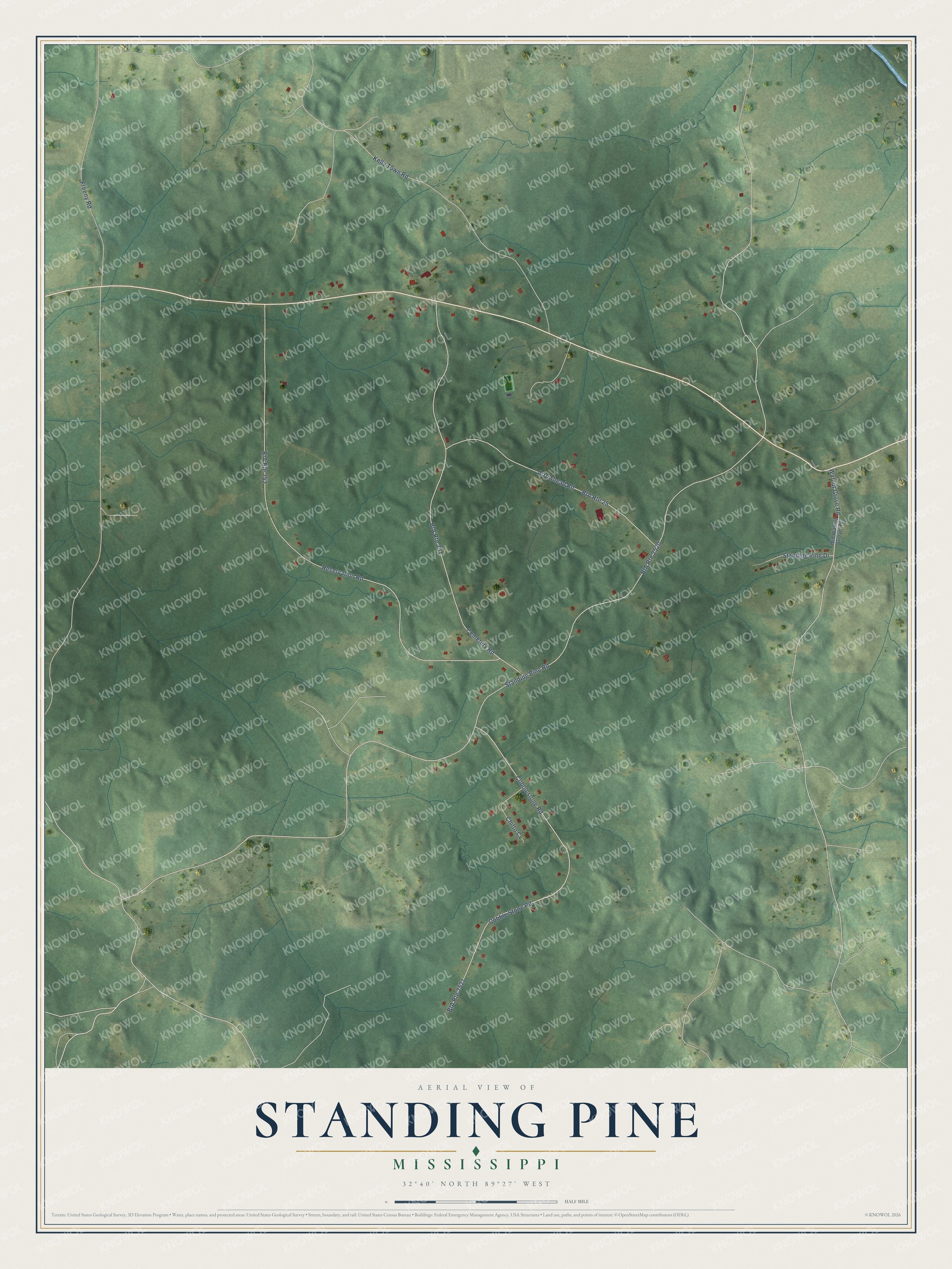 Full map of Standing Pine, Mississippi, with red buildings, printed street names and the land around them