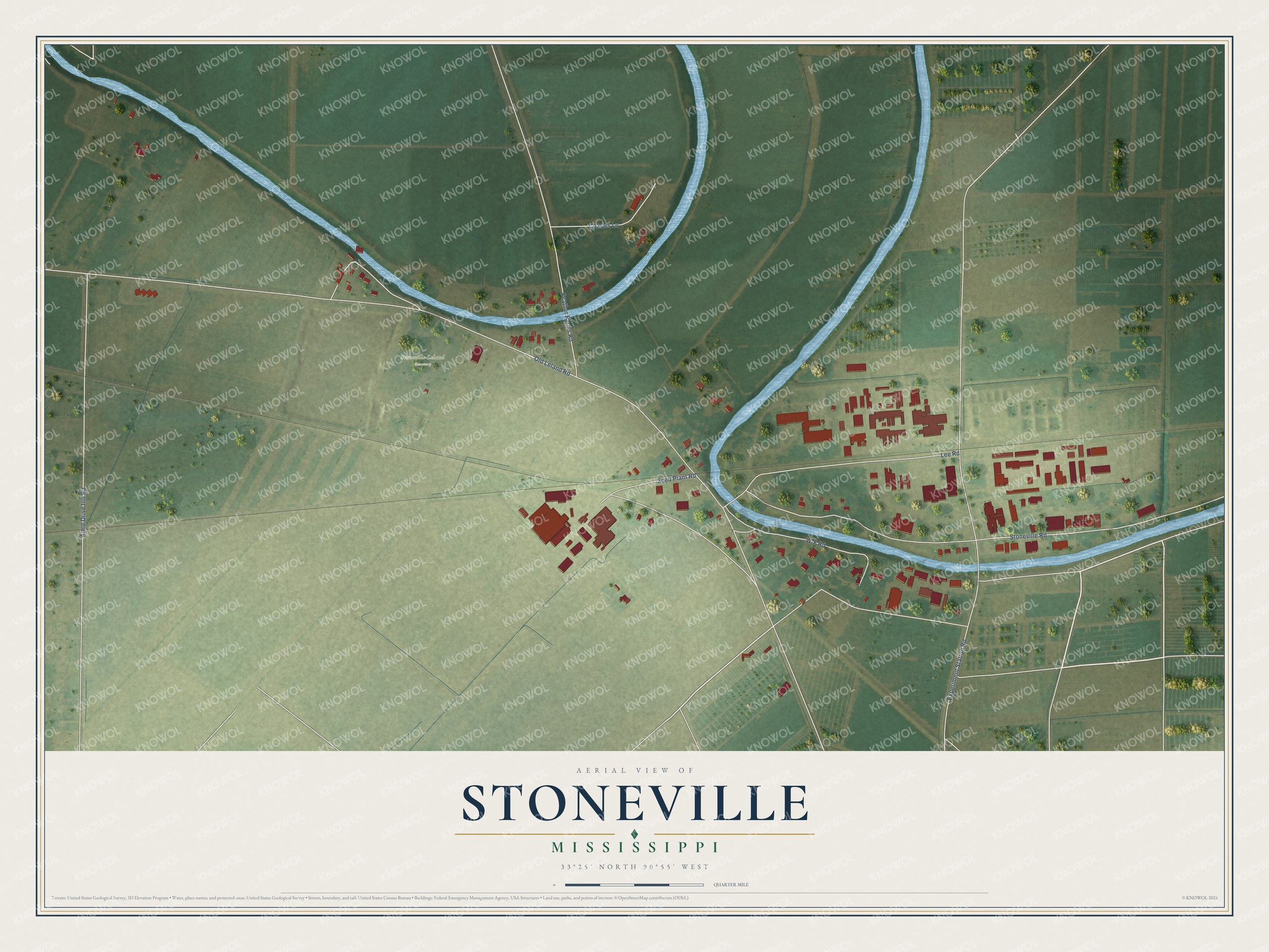 Full map of Stoneville, Mississippi, with red buildings, printed street names and the land around them