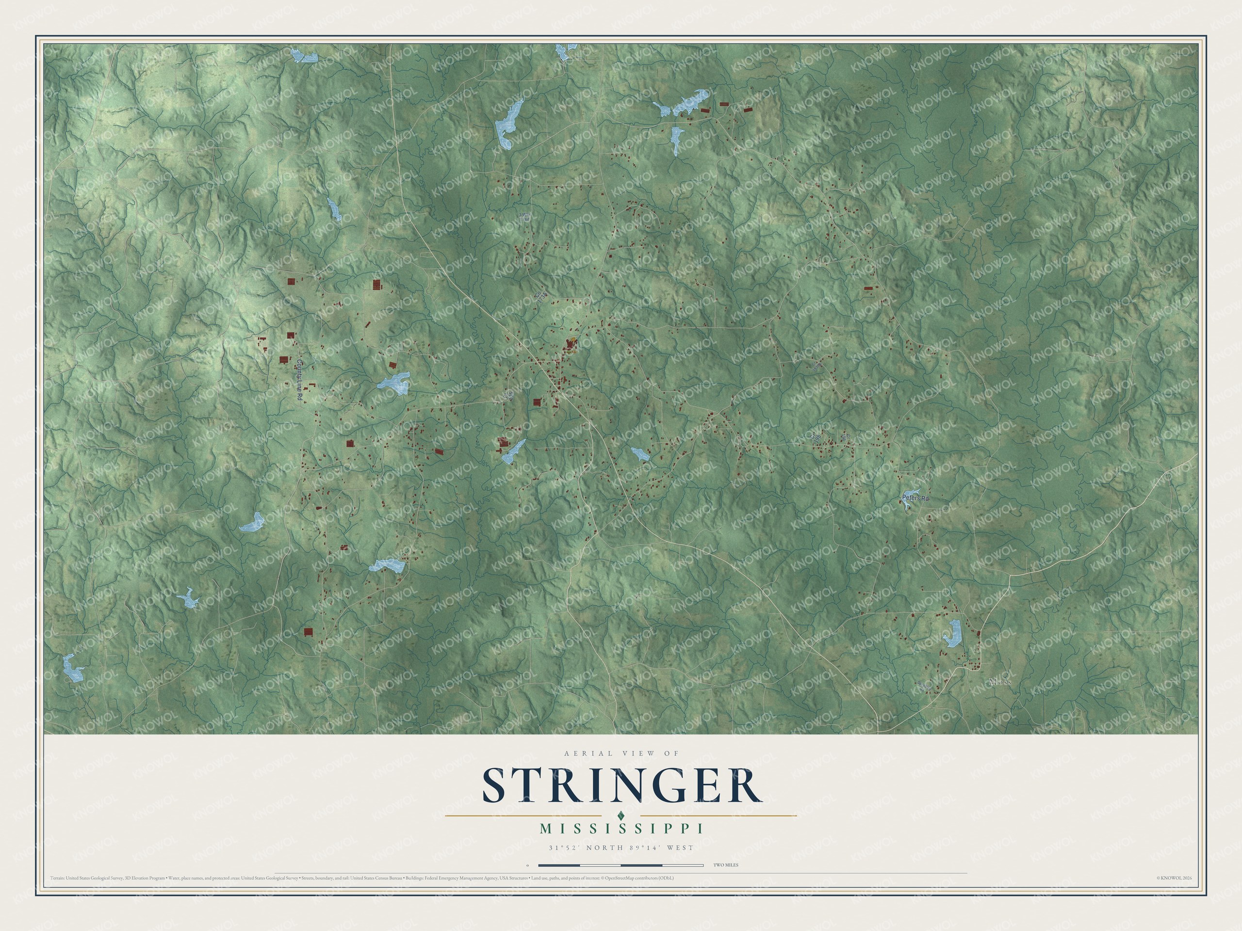 Full map of Stringer, Mississippi, with red buildings, printed street names and the land around them