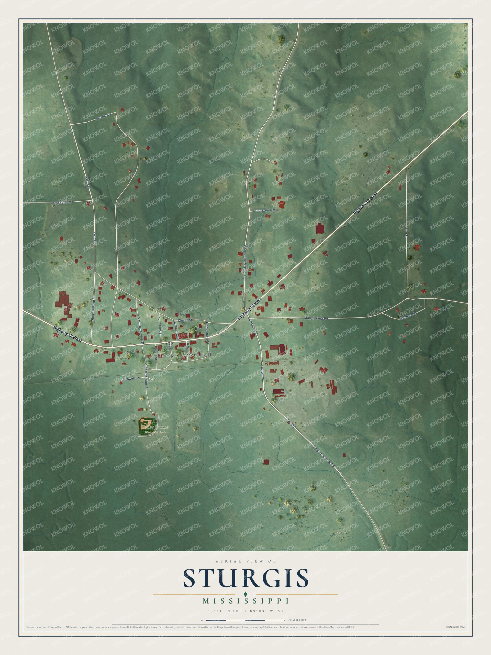 Full map of Sturgis, Mississippi, with red buildings, printed street names and the land around them