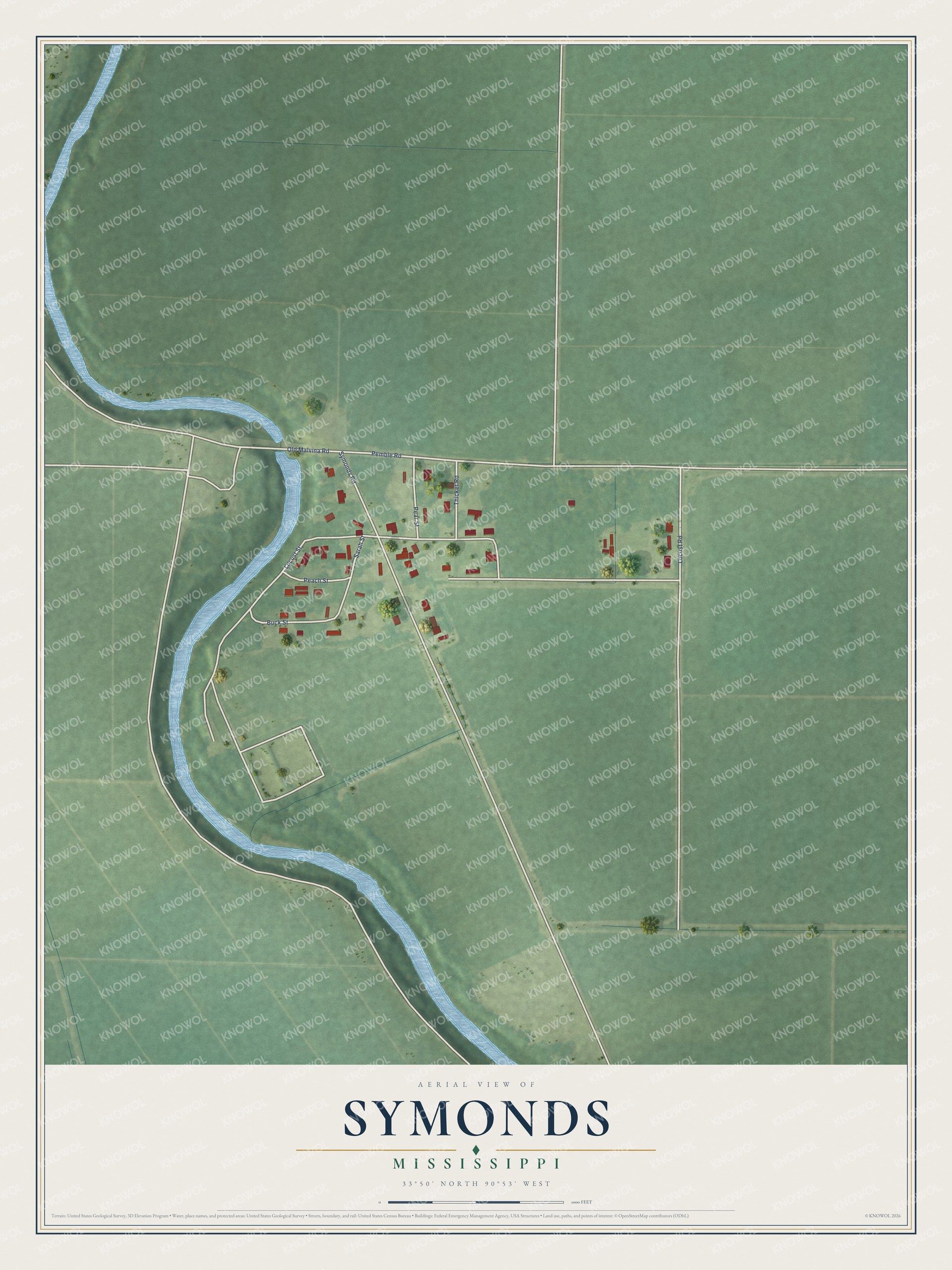 Full map of Symonds, Mississippi, with red buildings, printed street names and the land around them